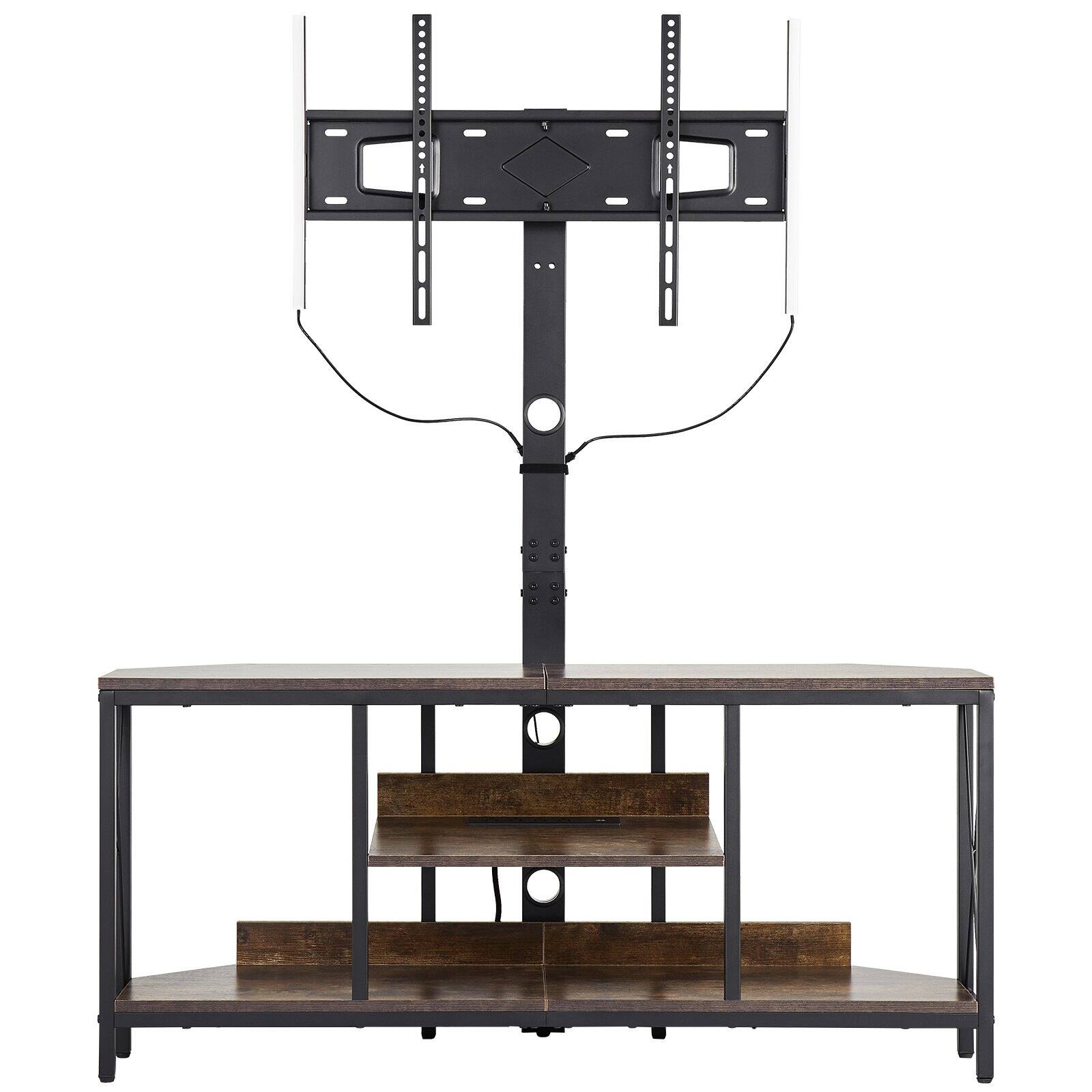 Glintex - TV Stand with Mount, 45" Console for Up to 75" TVs, Adjustable Height, LED Lights, Power Outlet, 3-Tier Storage Shelves - Brown