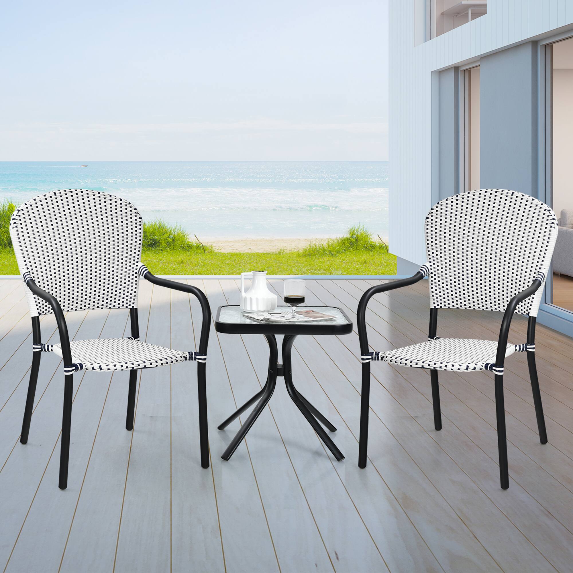 Alt View 3. Gymax - Gymax Set of 4 Patio Rattan Dining Chairs Stackable Armrest No Assembly - White & Blue.