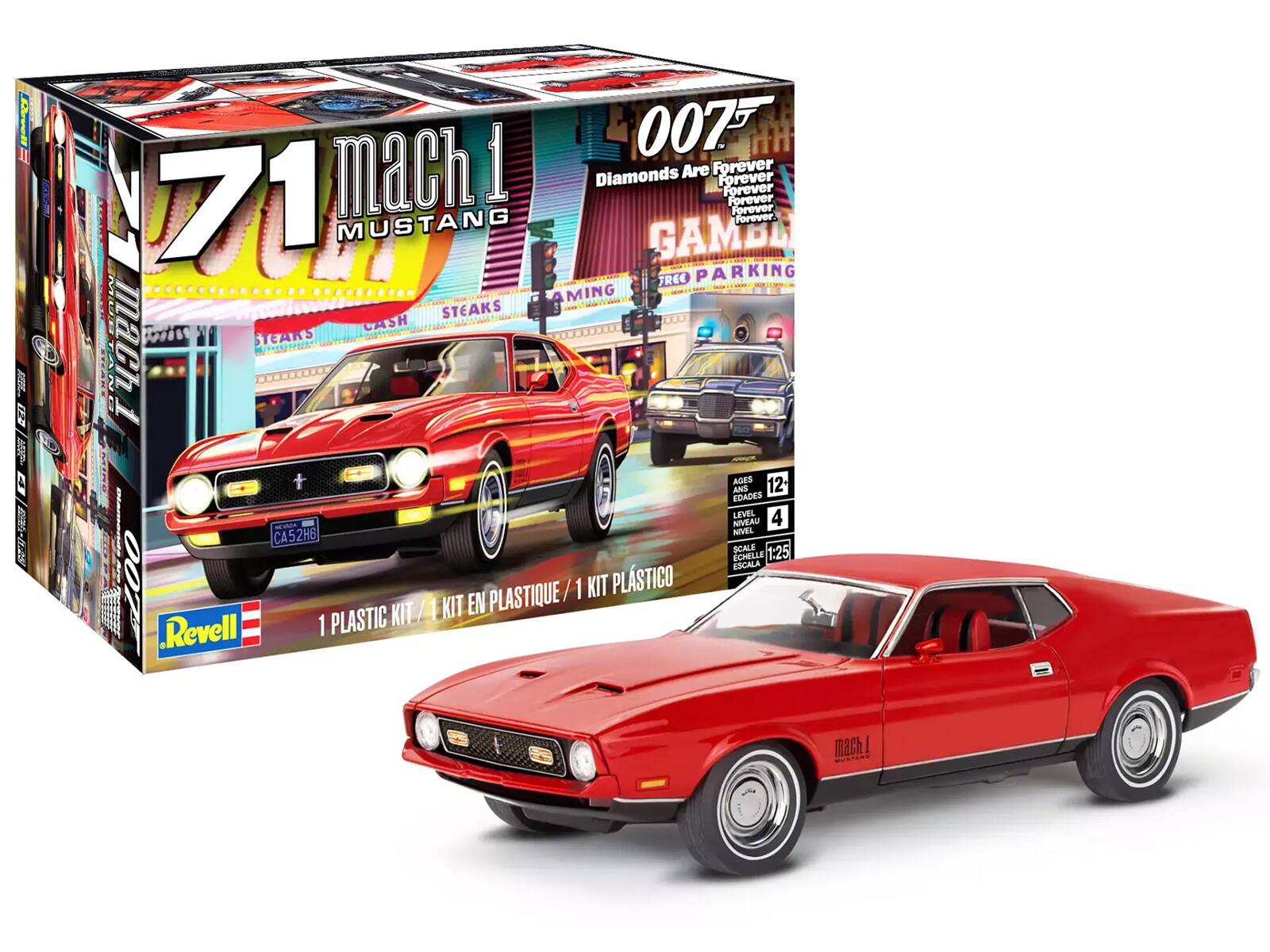 Sure, here is the corrected and grouped text from the image:

---

**Front of the Box:**

- **71 Mach 1 MUSTANG**
- **007 Diamonds Are Forever Forever Forever Forever**
- **GAMING TREE PARKING**
- **STEAKS**
- **CASH**
- **1 PLASTIC KIT / 1 KIT EN PLASTIQUE / 1 KIT PLASTICO**
- **Revell**

**Side of the Box:**

- **AGES 12+**
- **EDADES 12 AÑOS**
- **NIVEAU 4**
- **LEVEL 4**
- **SCHELLE 1:25**
- **ESCALA 1:25**

**License Plate:**

- **CA52HE**

**Additional Text:**

- **mach 1**
- **STEAKS**
- **CASH**
- **GAMING TREE PARKING**

---