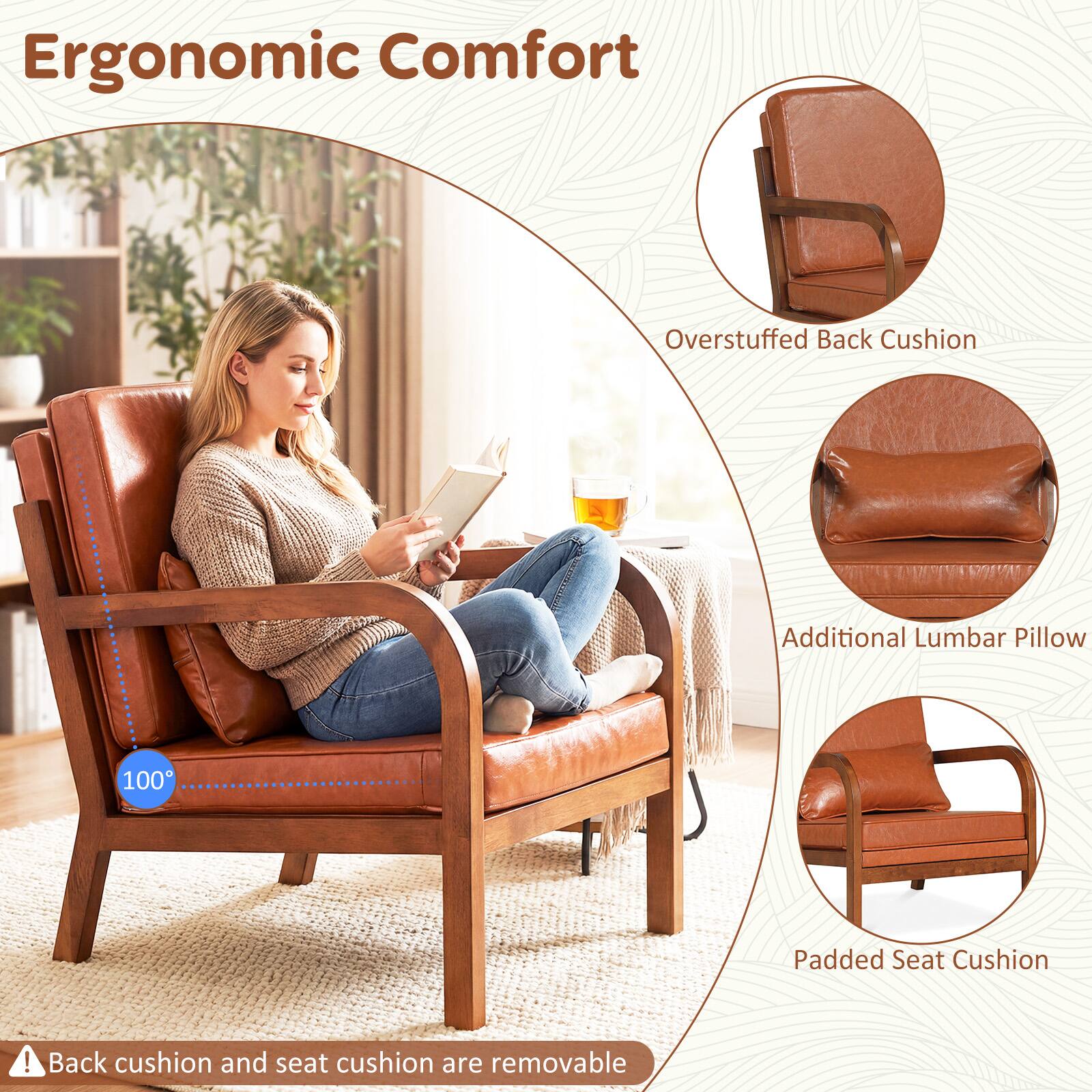 Ergonomic Comfort

- Overstuffed Back Cushion
- Additional Lumbar Pillow
- Padded Seat Cushion

Back cushion and seat cushion are removable

100%