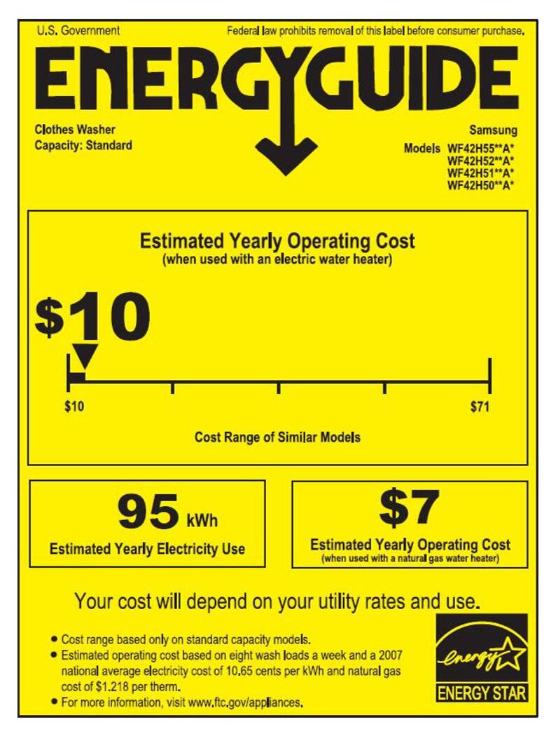 Energy Guide. Samsung - 4.2 Cu. Ft. High-Efficiency Stackable Smart Front Load Washer with Vibration Reduction Technology+ - White.