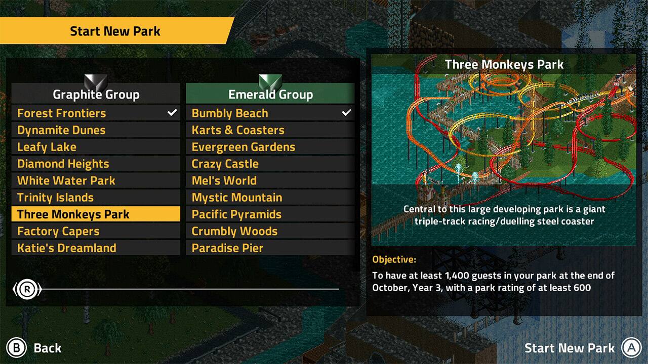 The text on the image can be grouped and corrected as follows:

1. Start New Park
2. Three Monkeys Park
3. Graphite Group
4. Forest Frontiers
5. Dynamite Dunes
6. Leafy Lake
7. Diamond Heights
8. White Water Park
9. Trinity Islands
10. Three Monkeys Park
11. Factory Capers
12. Katie's Dreamland
13. Emerald Group
14. Bumbly Beach
15. Karts & Coasters
16. Evergreen Gardens
17. Crazy Castle
18. Mel's World
19. Mystic Mountain
20. Pacific Pyramids
21. Crumbly Woods
22. Paradise Pier
23. Central to this large developing park is a giant triple-track racing/duelling steel coaster
24. Objective: To have at least 1,400 guests in your park at the end of October, Year 3, with a park rating of at least 600
25. Back Start New Park