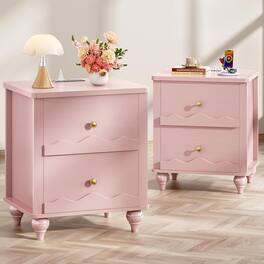 Aheaplus - Nightstand with 2 Drawers, Farmhouse Nightstand with Charging Station, 2 Piece Set - Pink