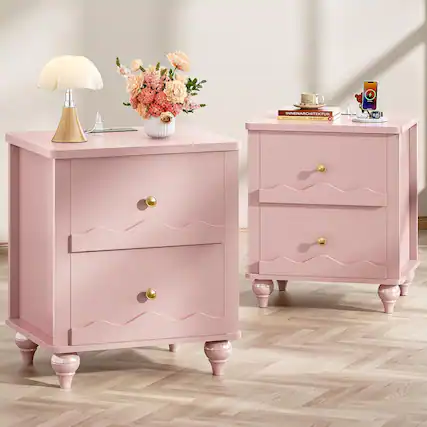 Front. Aheaplus - Nightstand with 2 Drawers, Farmhouse Nightstand with Charging Station, 2 Piece Set - Pink.