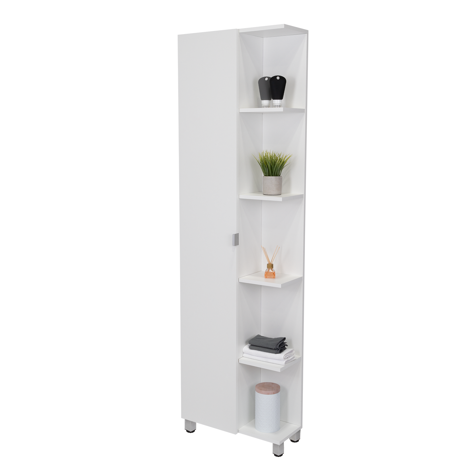 Alt View 2. TinyHomie - Corner Cabinet Womppi Five Open Shelves Single Door White Finish - White.