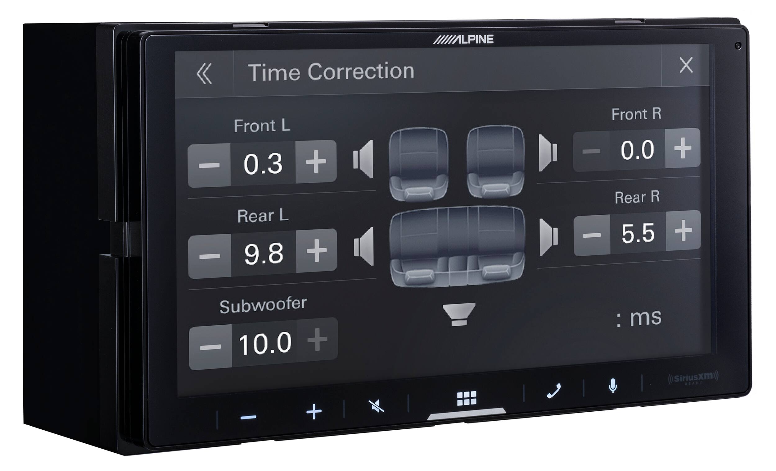 Time Correction

Front L: -0.3 ms  
Rear L: -9.8 ms  
Subwoofer: -10.0 ms  

Front R: 0.0 ms  
Rear R: 5.5 ms  

(SiriusXM)