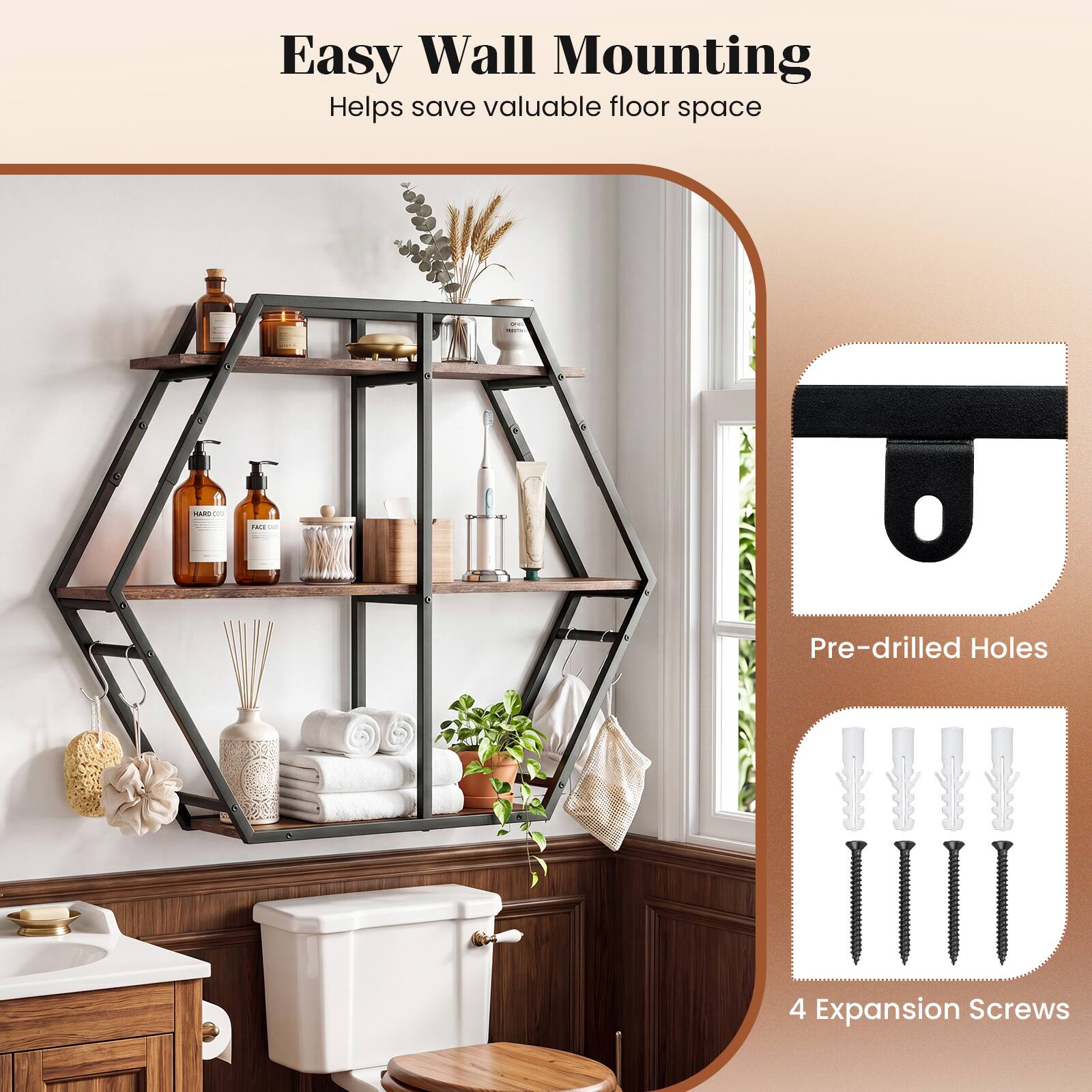 Easy Wall Mounting  
Helps save valuable floor space  

1. Pre-drilled Holes  
4. Expansion Screws