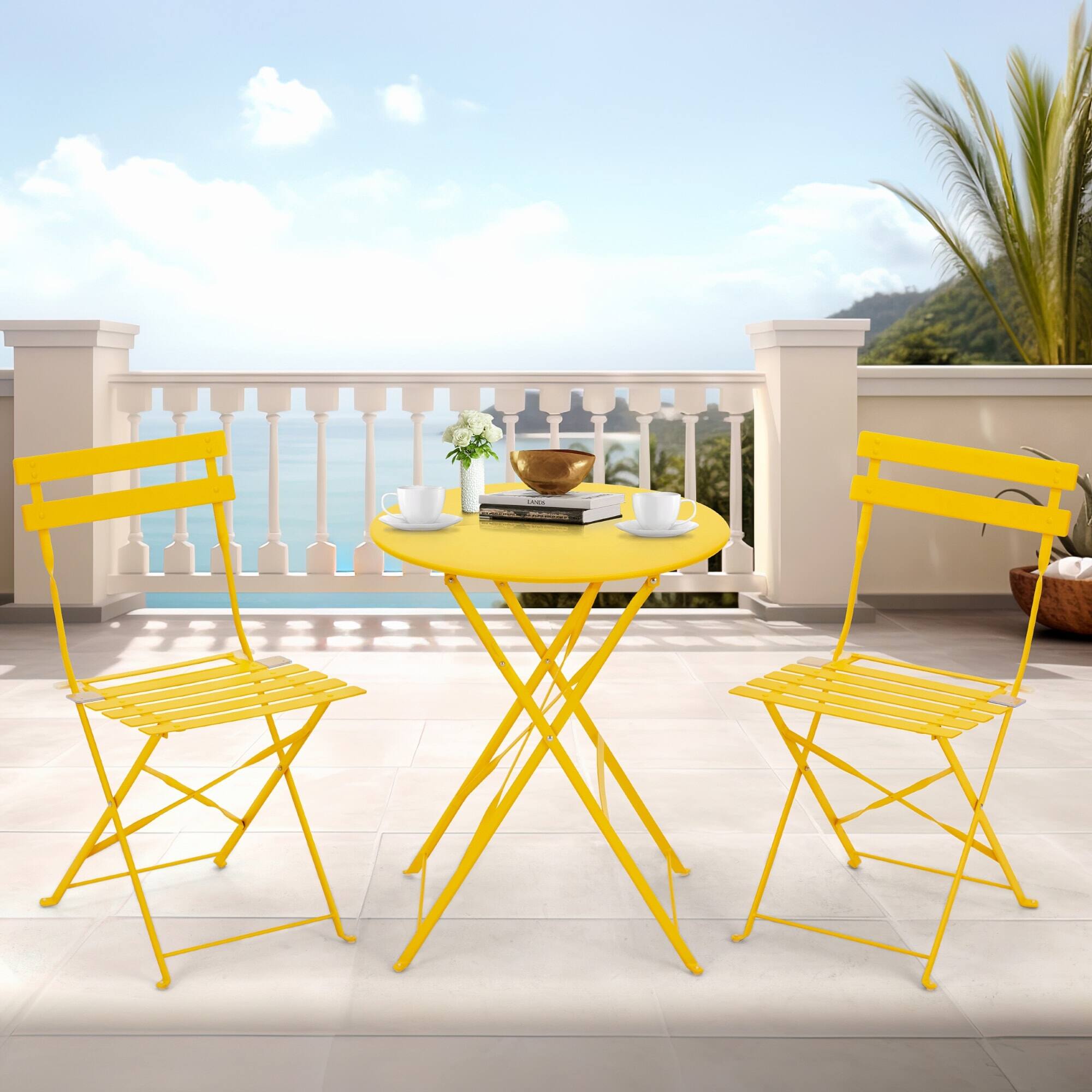 Alt View 6. U-HOMY - Foldable 3-Piece Outdoor Bistro Set – Rust-Resistant Patio Table and Chairs, Lightweight for Balcony Use - Yellow.