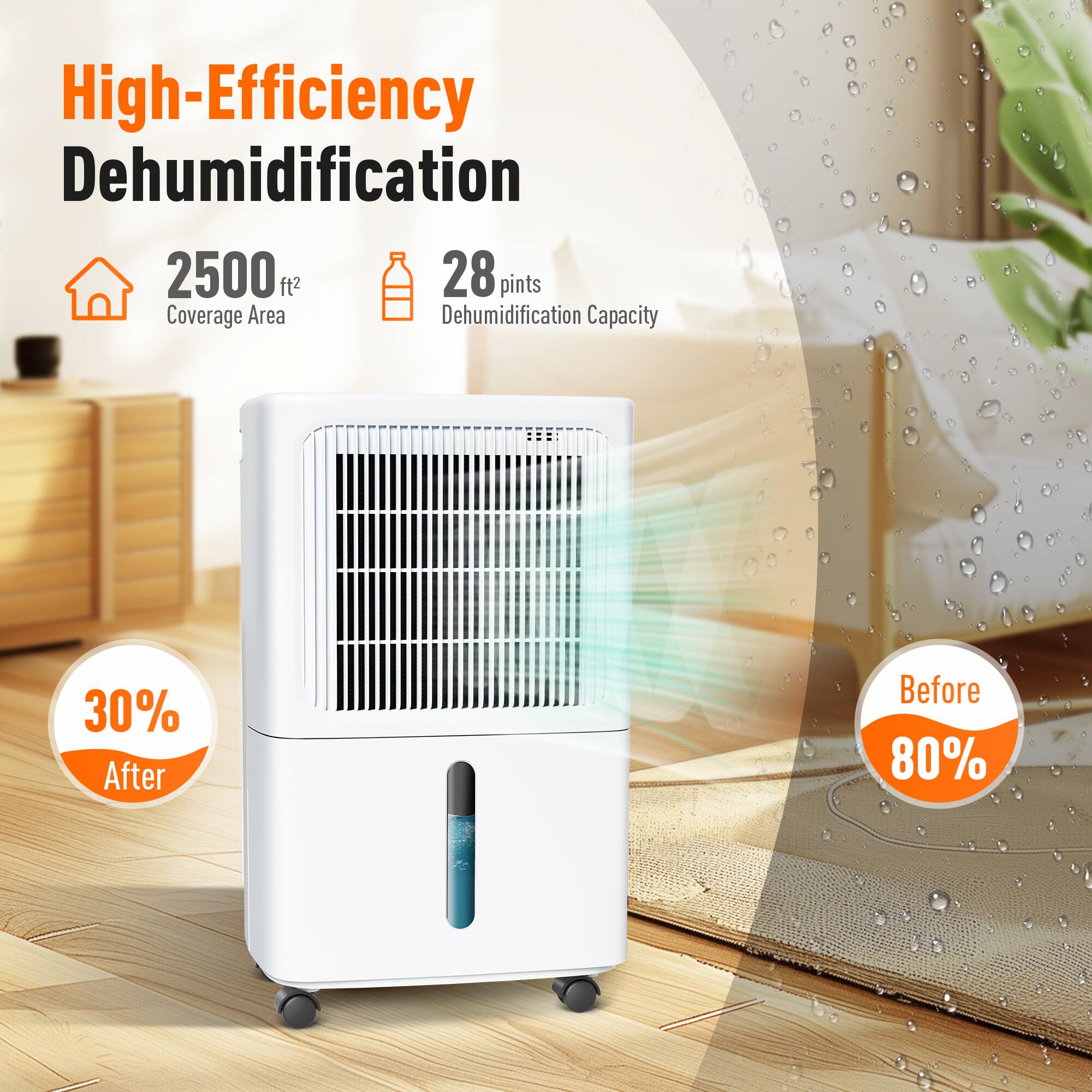 High-Efficiency Dehumidification  
2500 ft² Coverage Area  
28 pints Dehumidification Capacity  
Before 80%  
After 30%