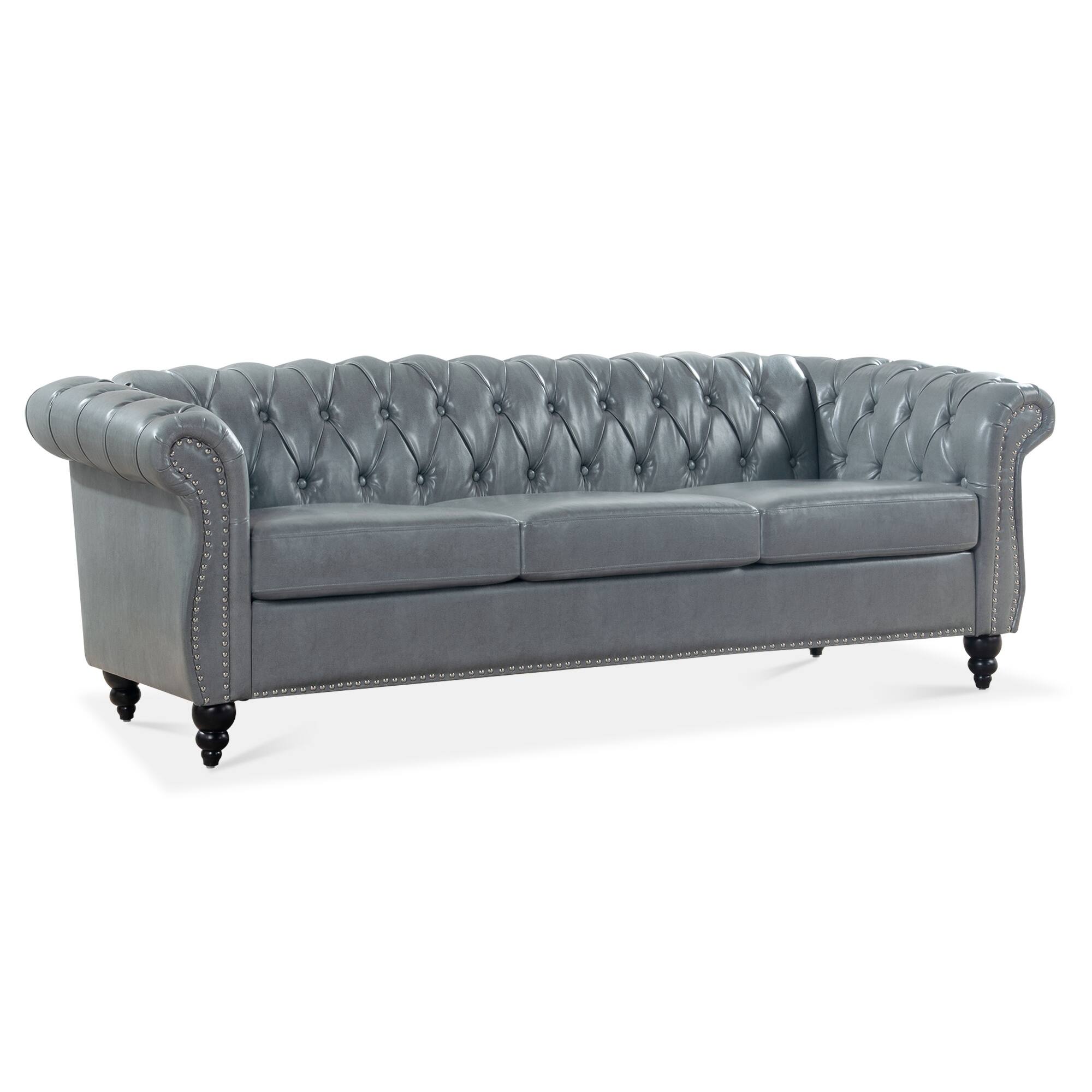 Boyel Living - 84.65-in Traditional Faux Leather 3-Seater Sofa with Nailhead Trim - Grey and Matte Black and Silver