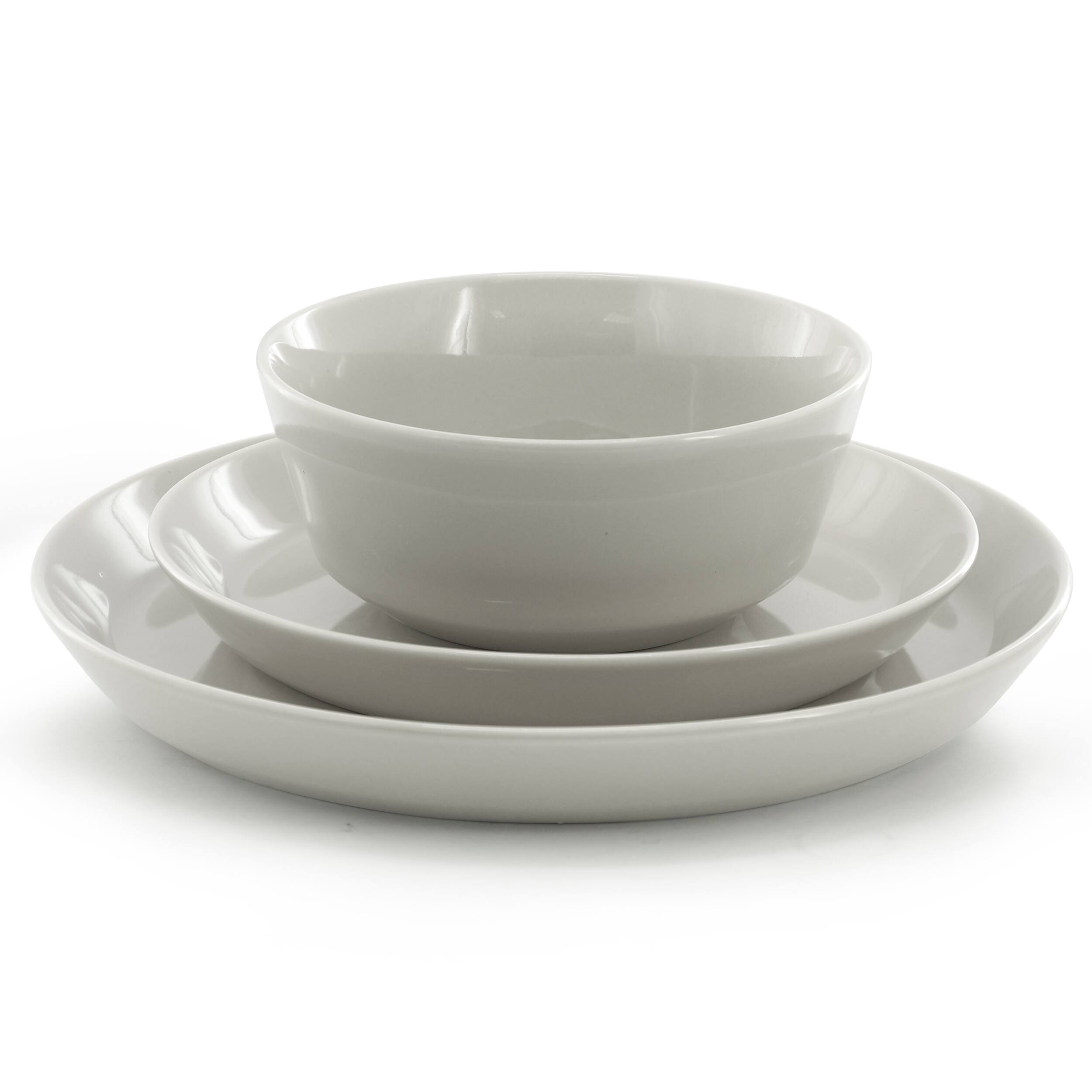 Angle. Gibson - Gibson Elite Sunlit Mist 12 Piece Round Stoneware Dinnerware Set in Gray - Gray.
