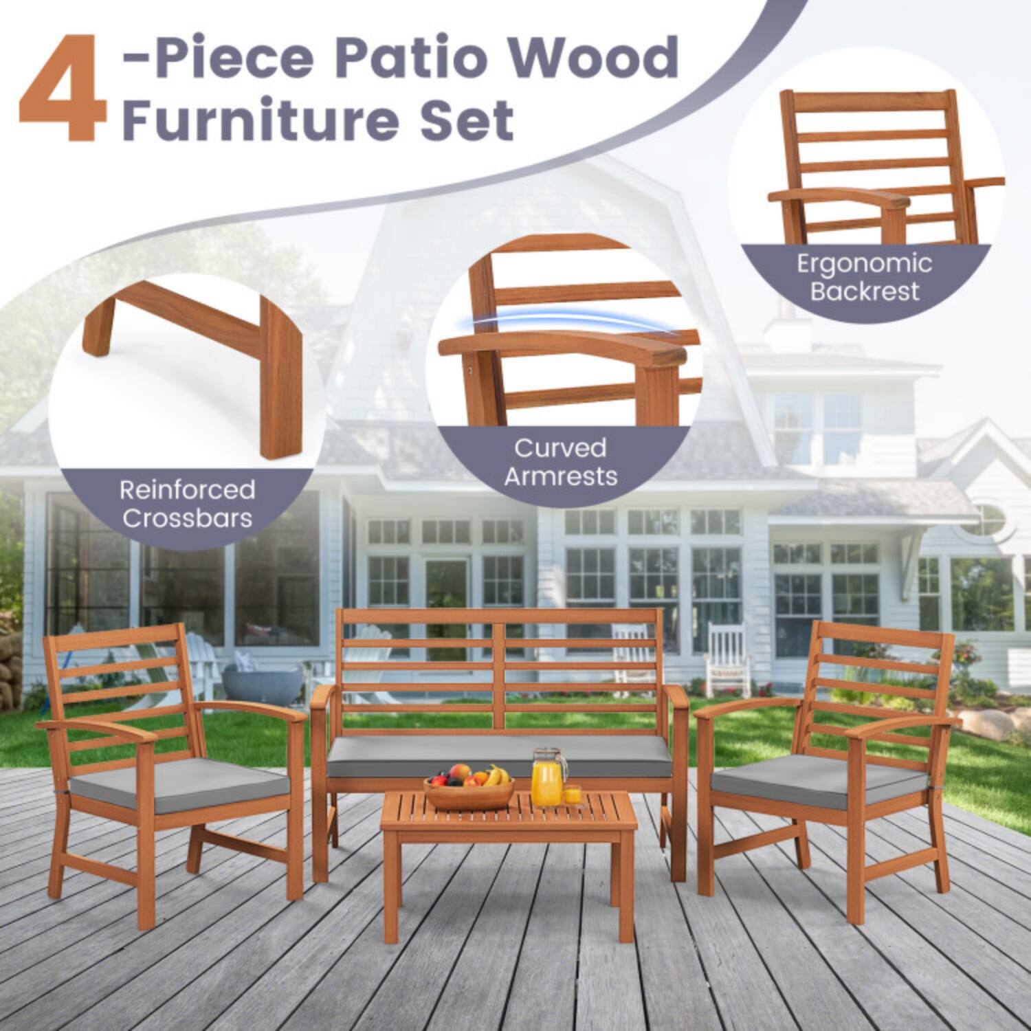 4-Piece Patio Wood Furniture Set  
- Reinforced Crossbars  
- Curved Armrests  
- Ergonomic Backrest