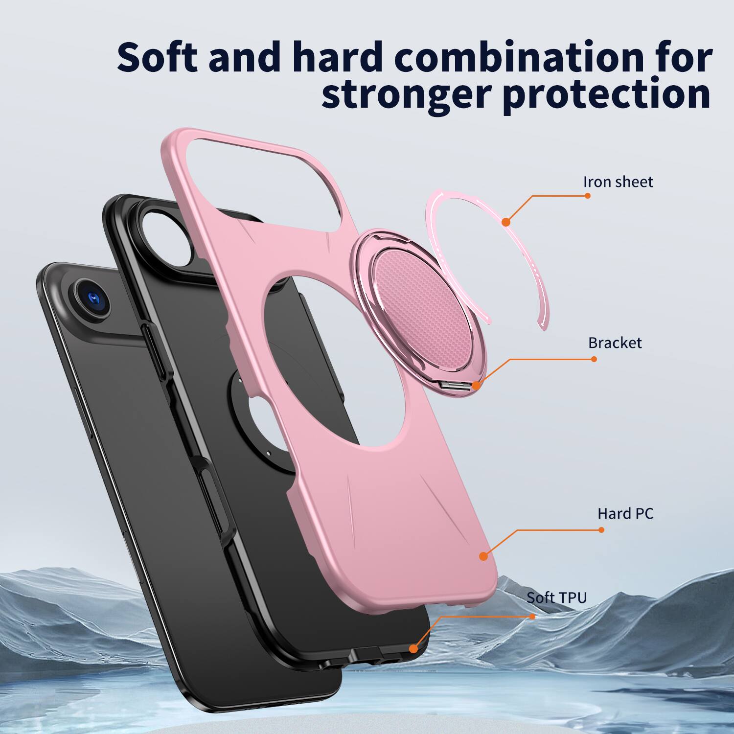Soft and hard combination for stronger protection

Iron sheet
Bracket
Hard PC
Soft TPU