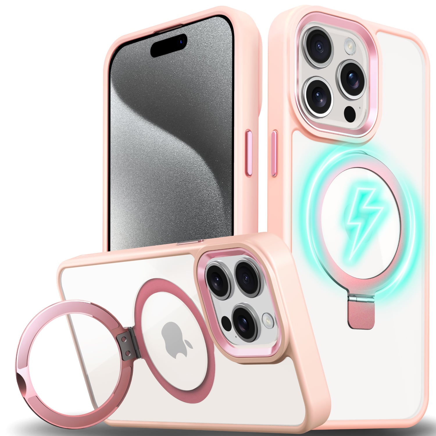 Front. Vena - For Apple iPhone 15 Pro Max Case Magsafe, Magnetic Ring Kickstand, Shockproof Crystal Clear Back Slim, Clear Pink - Pink.