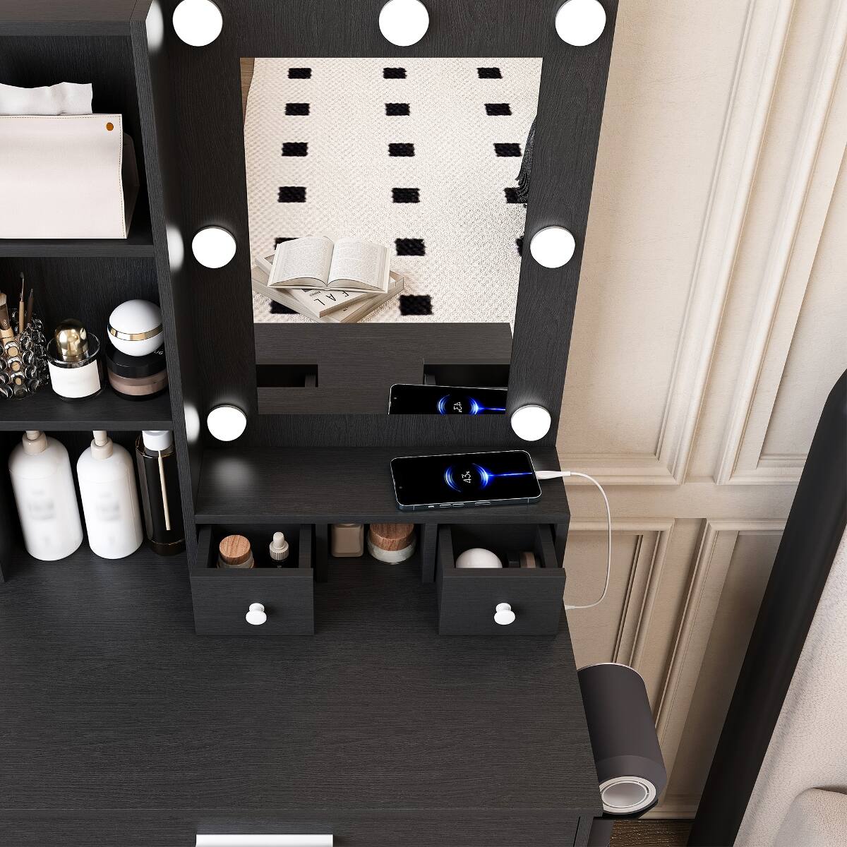 Alt View 6. Loheer - Loheer Makeup Vanity with Mirror and Adjustable LED Lights, Black, Includes Stool - Black.