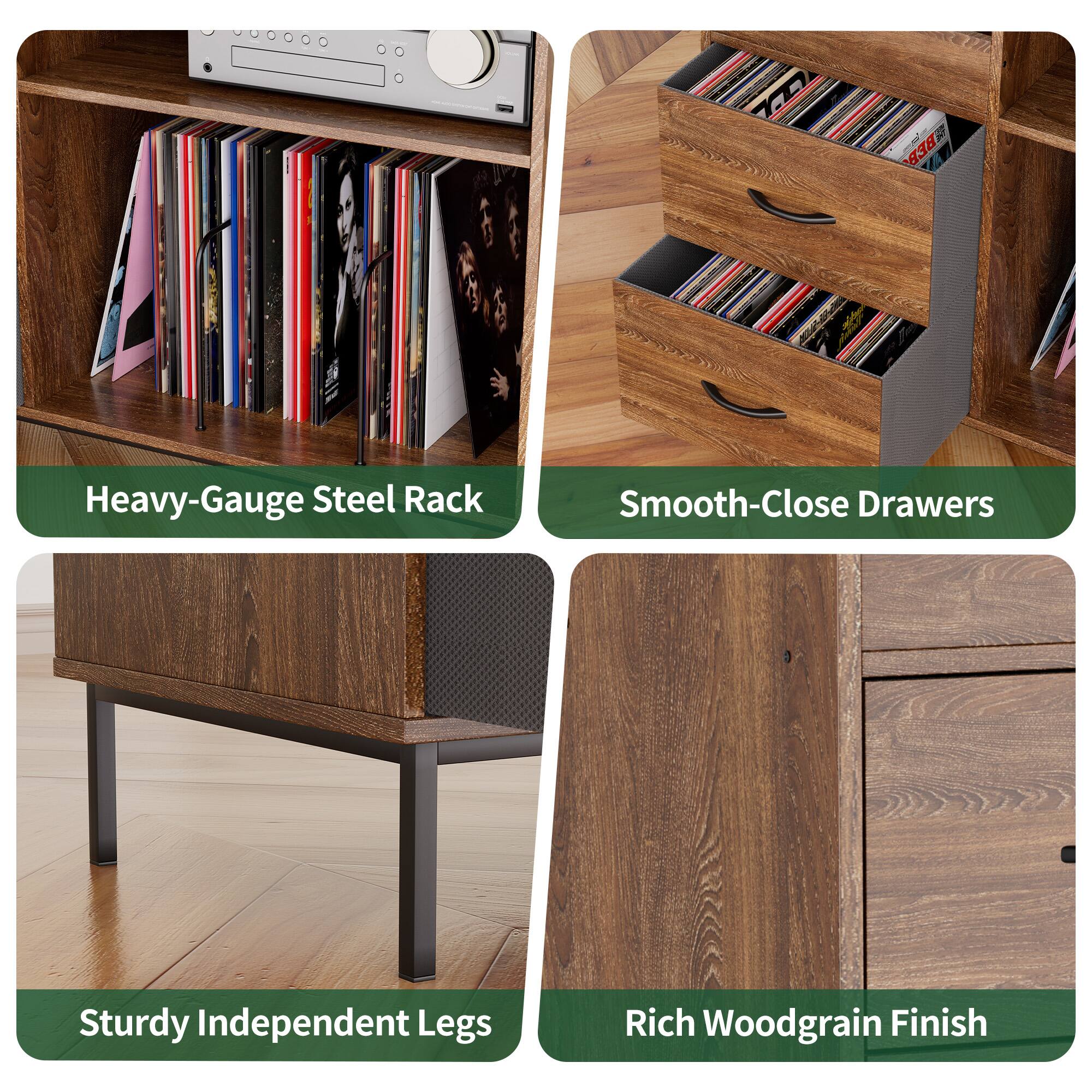 - Heavy-Gauge Steel Rack
- Smooth-Close Drawers
- Sturdy Independent Legs
- Rich Woodgrain Finish