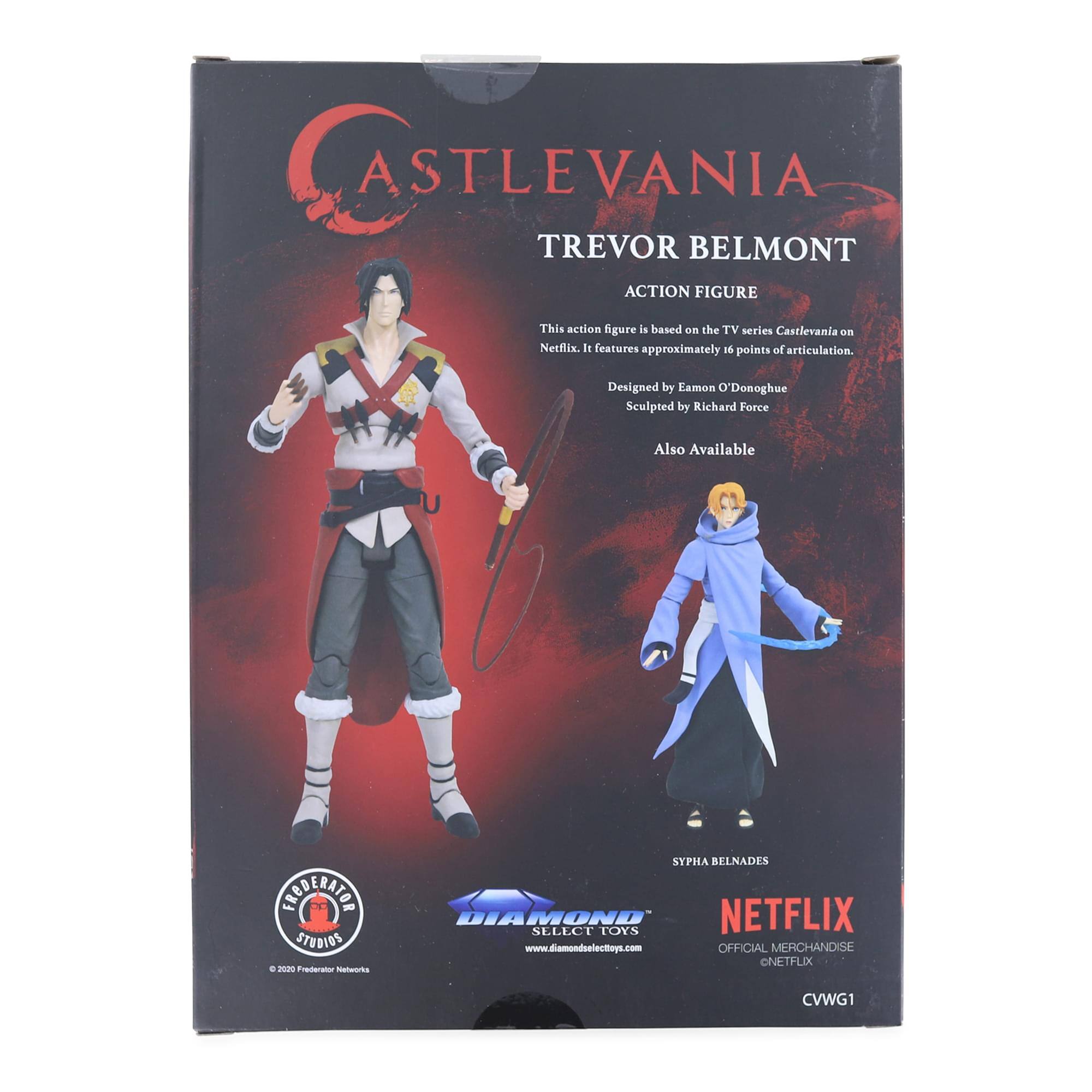 CASTLEVANIA  
TREVOR BELMONT  
ACTION FIGURE  

This action figure is based on the TV series Castlevania on Netflix. It features approximately 16 points of articulation.  
Designed by Eamon O'Donoghue  
Sculpted by Richard Force  

Also Available  

SYPHA BELNADES  

DIAMOND SELECT TOYS  
www.diamondselecttoys.com  

NETFLIX  
OFFICIAL MERCHANDISE  
©2020 Frederator Networks  
CVWG1