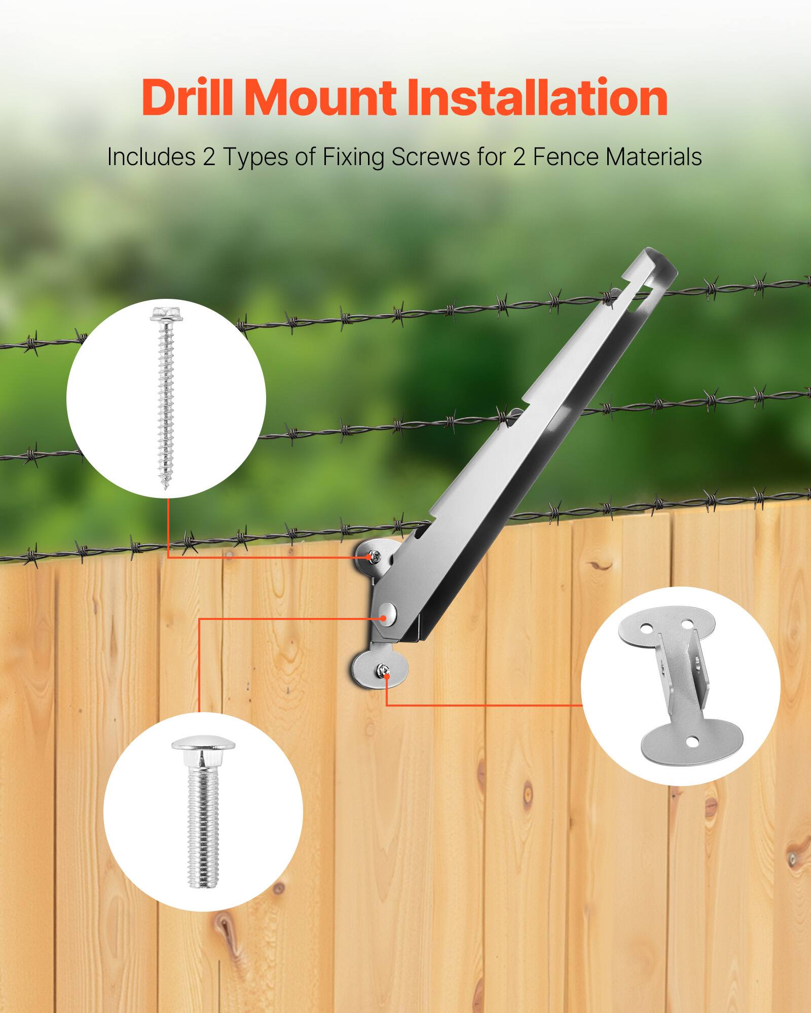 Drill Mount Installation  
Includes 2 Types of Fixing Screws for 2 Fence Materials