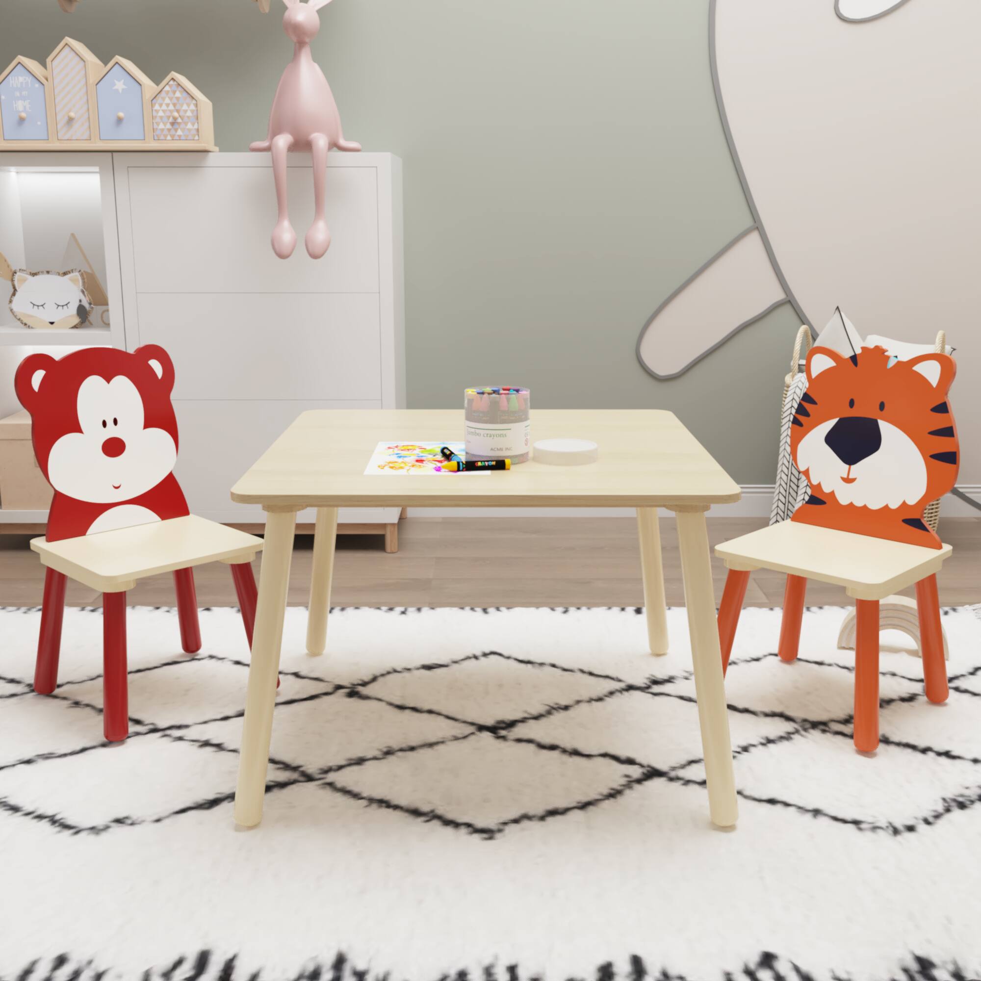 Alt View 6. GOODSILO - Kids Table and 2 Chairs Set - 3 Piece Toddler Activity Play Table Set (Bear & Tiger) - Natural.