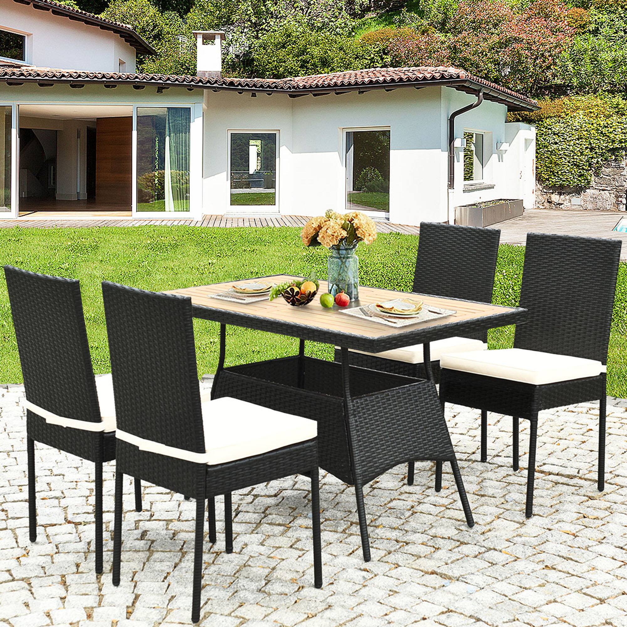 Alt View 5. Gymax - Gymax 5PCS Rattan Patio Dining Set Outdoor w/ Cushion Wooden Tabletop 4 Chairs - Black.