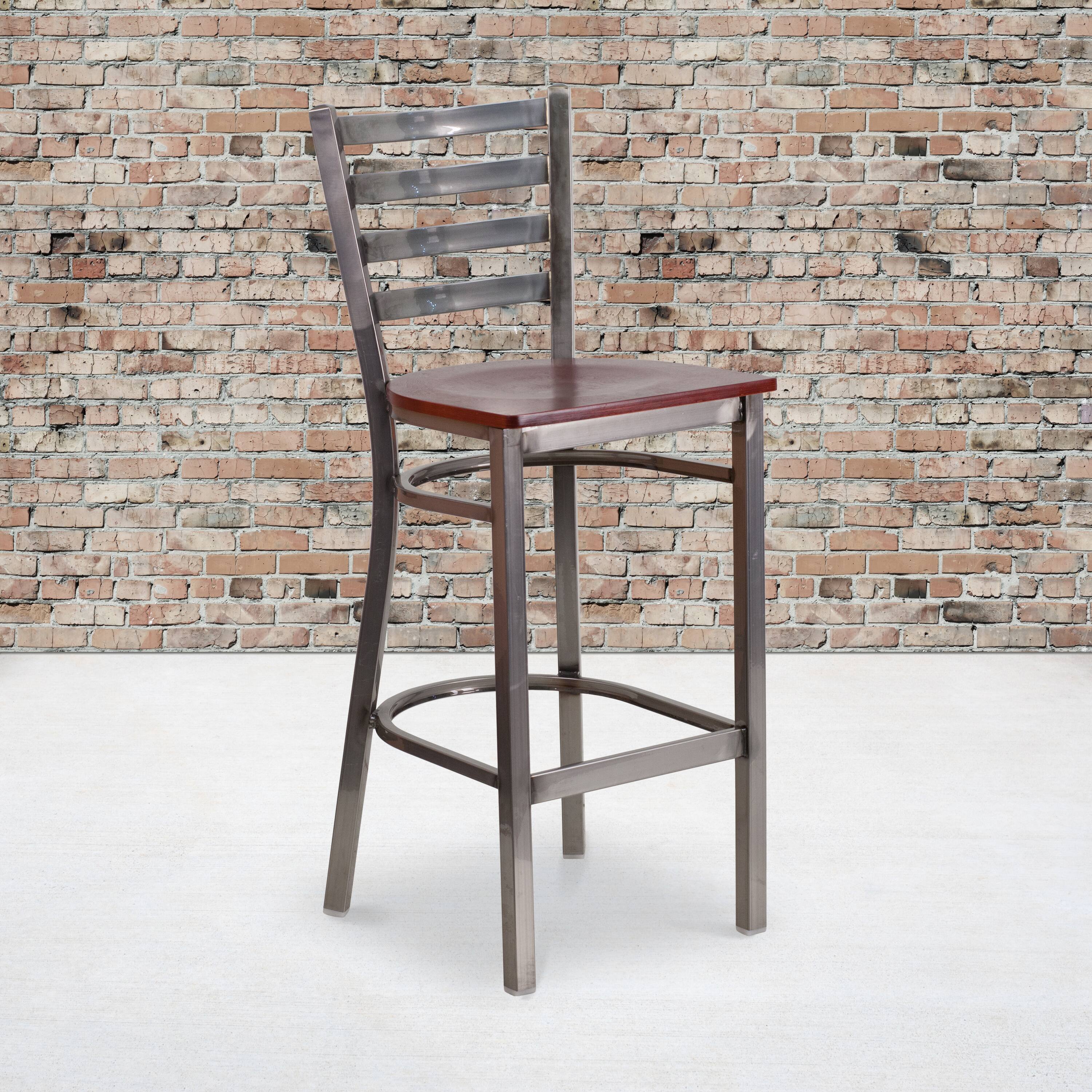 Angle. Flash Furniture - HERCULES Series Silver Antique Finish with Clear Coat Ladder Back Metal Restaurant Barstool - Mahogany Wood Seat - Brown.