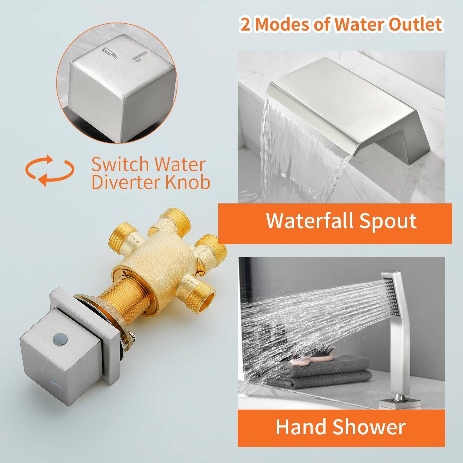 2 Modes of Water Outlet

Switch Water Diverter Knob

Waterfall Spout

Hand Shower