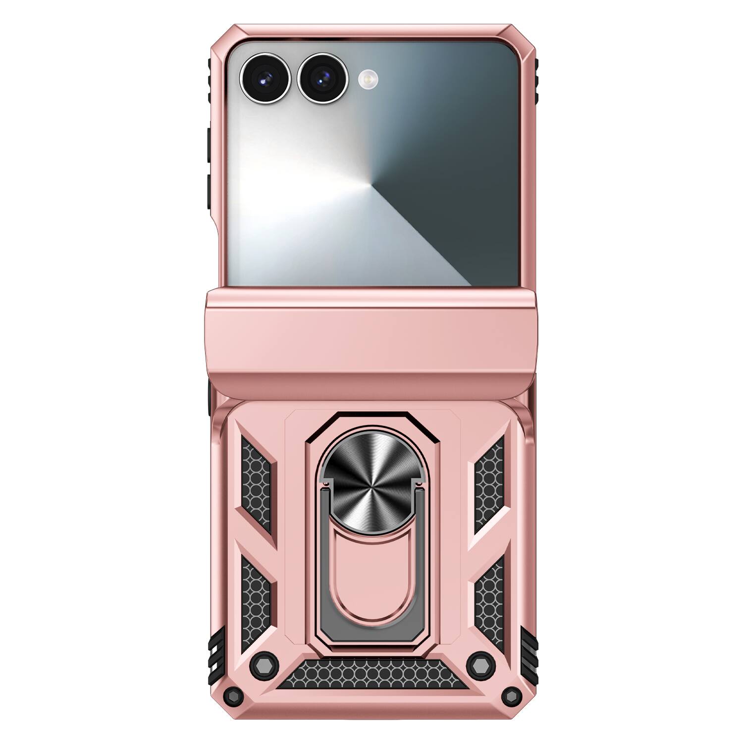 Left. Dteck - For Samsung Galaxy Z Flip 7 Heavy Duty Rugged Case Shockproof Ring Kickstand Hinge Protection Cover Magnetic Car Mount - Rosegold.