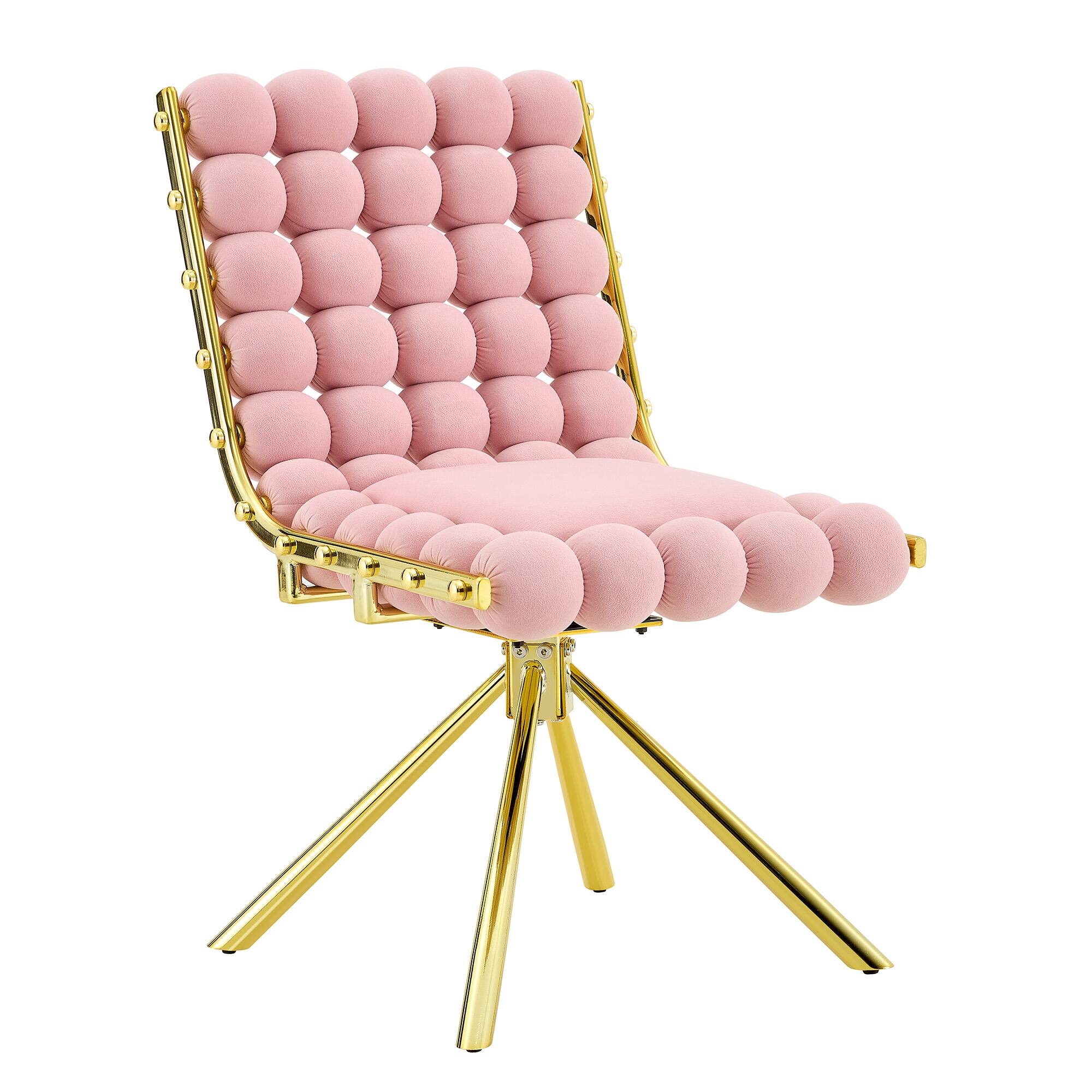 Alt View 6. Loheer - Loheer Pink Accent Chair Velvet Swivel Side Chair with Gold Metal Legs, Bubble Tufted Armless Seat, 1.63 ft - Gold,Pink.