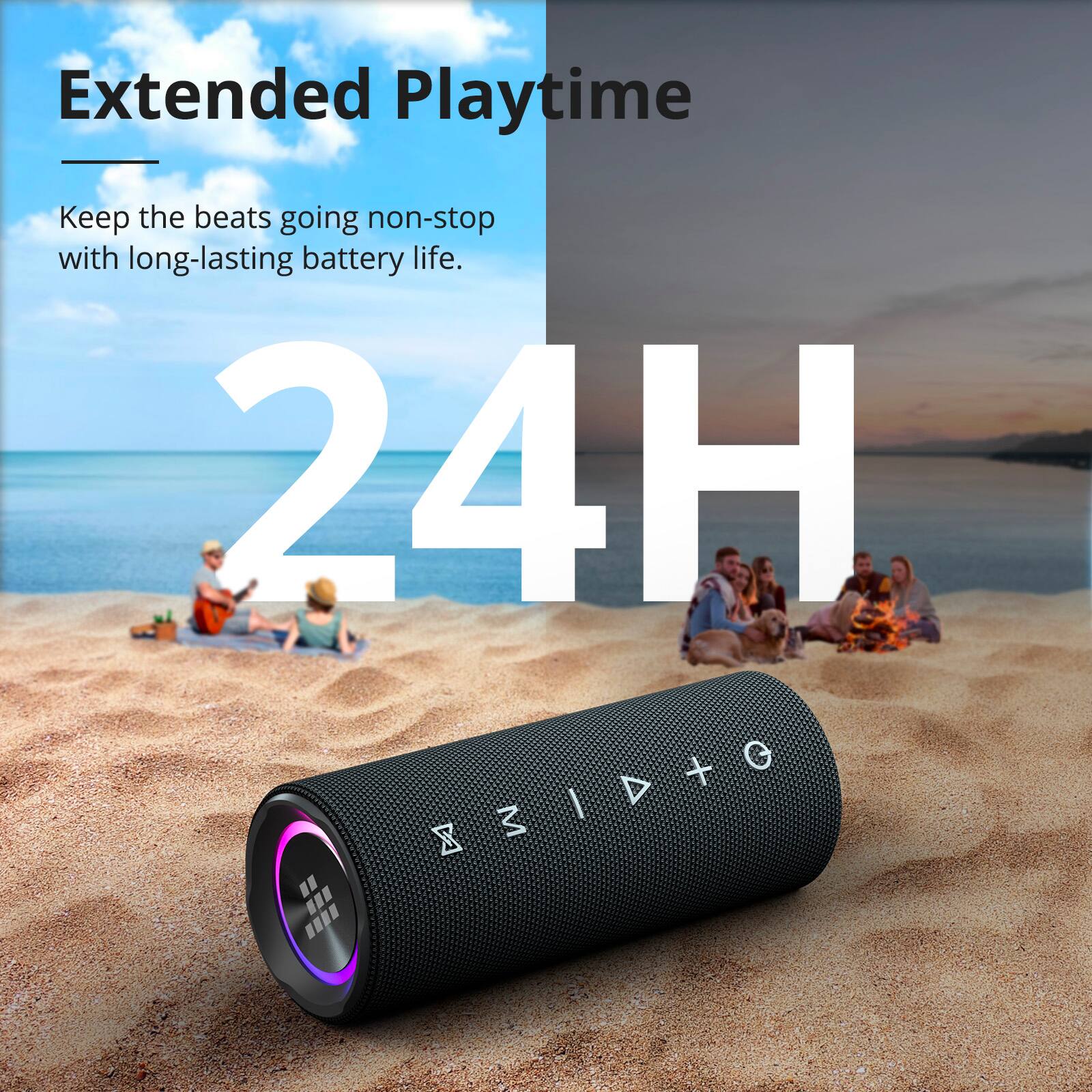 Extended Playtime: Keep the beats going non-stop with long-lasting battery life. 24H 0M.