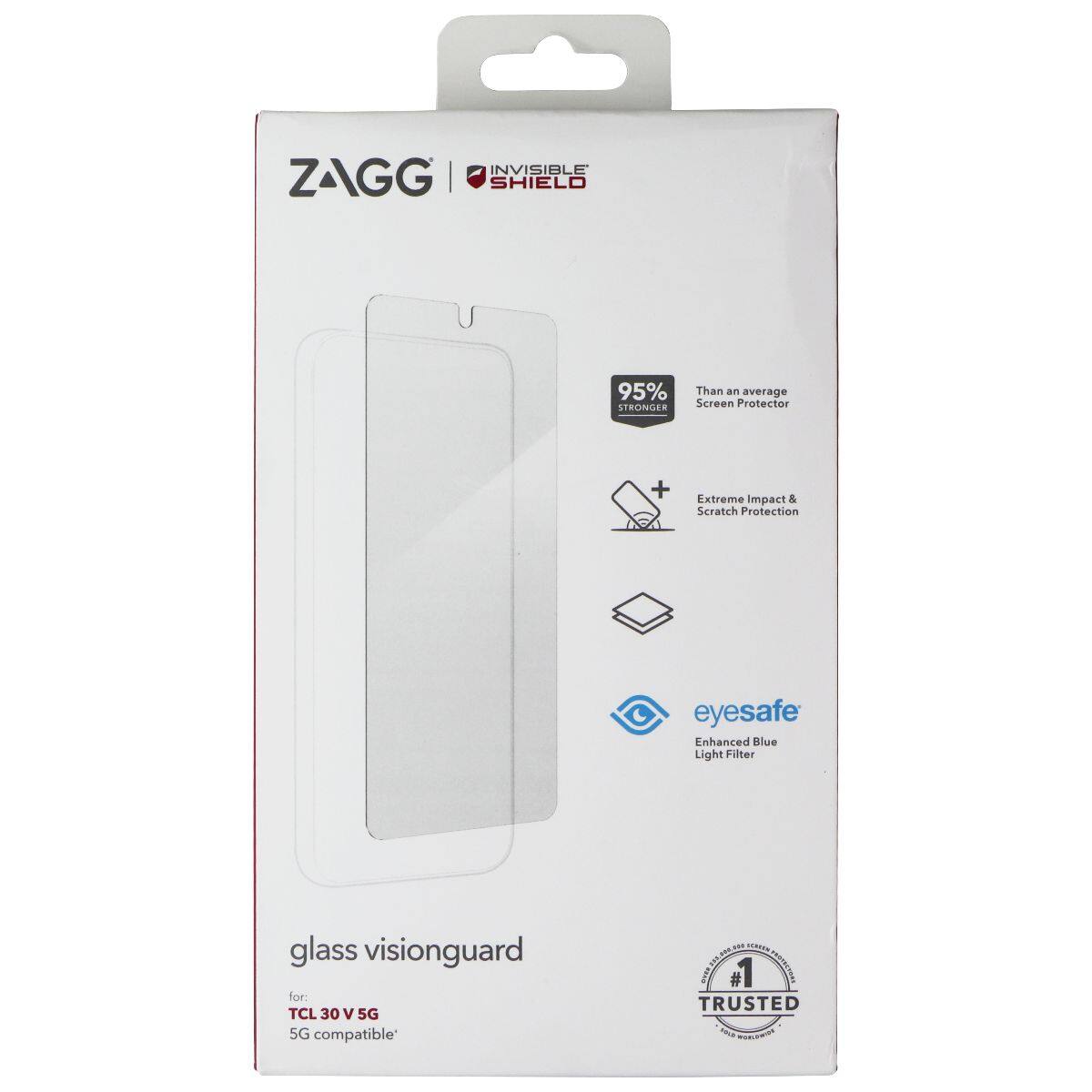 INVISIBLE ZAGG SHIELD  
95% STRONGER  
Than an average Screen Protector  
+  
Extreme Impact & Scratch Protection  
eyesafe Enhanced Blue Light Filter  
glass visionguard for: TCL 30 V 5G 5G compatible  
as IN UNISS 1 PROTECTORE TRUSTED CAN WORK