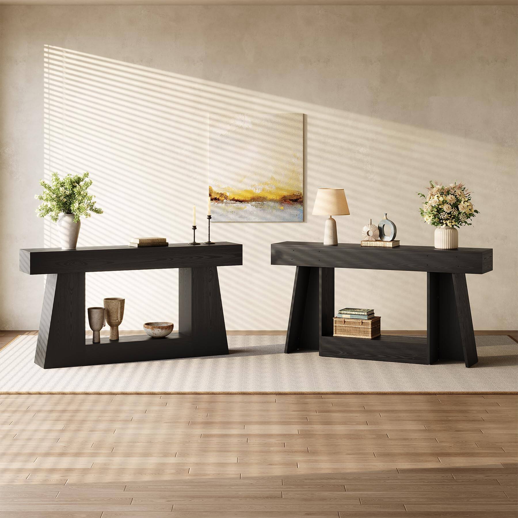 Alt View 3. Tribesigns - LITTLE TREE 63" Farmhouse Console Table with Storage, Rustic Sofa Table for Entryway, Narrow Long Sofa Table Behind Couc - Black.
