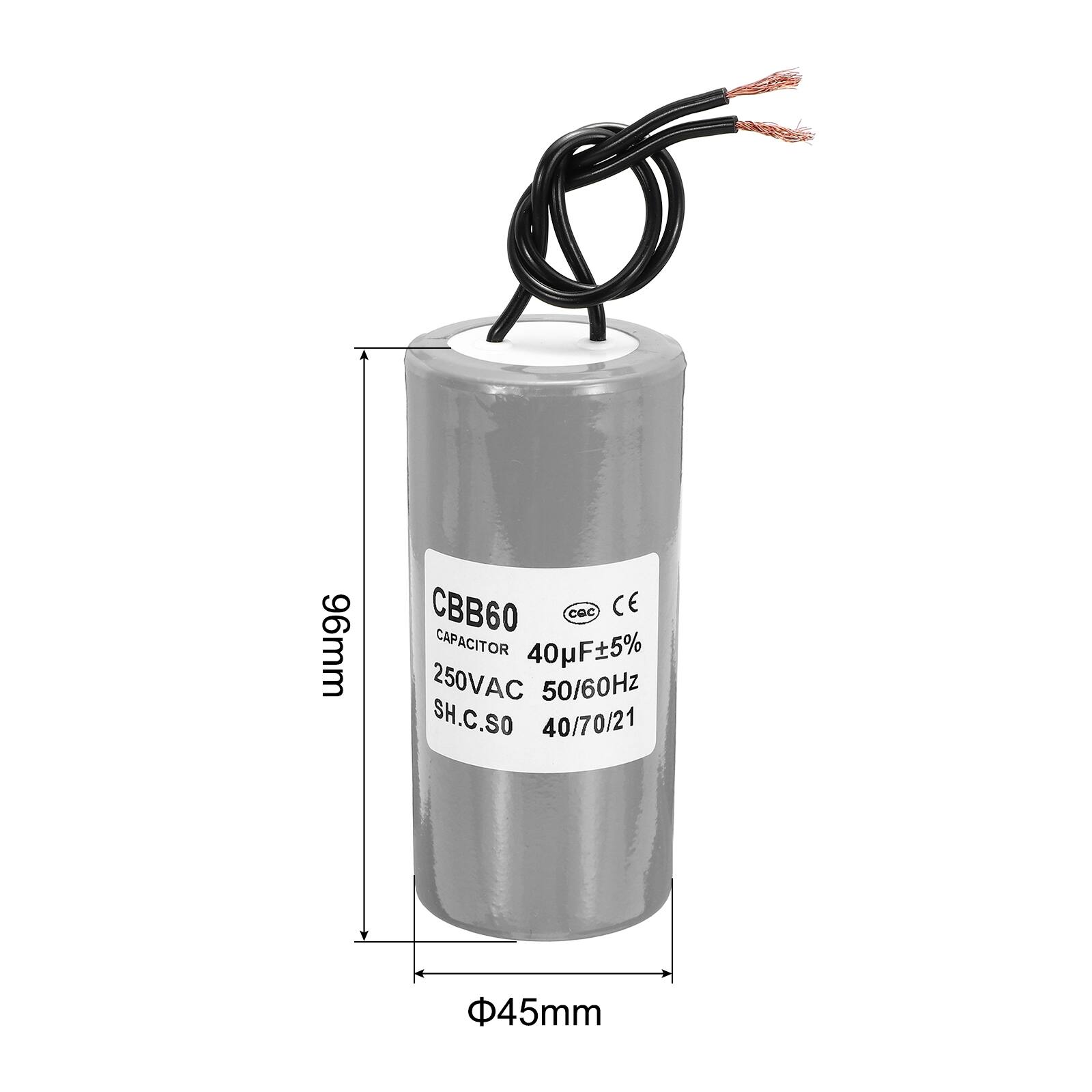 96mm CBB60 Capacitor 40µF±5% 250VAC 50/60Hz SH.C.SO 40/70/21 45mm