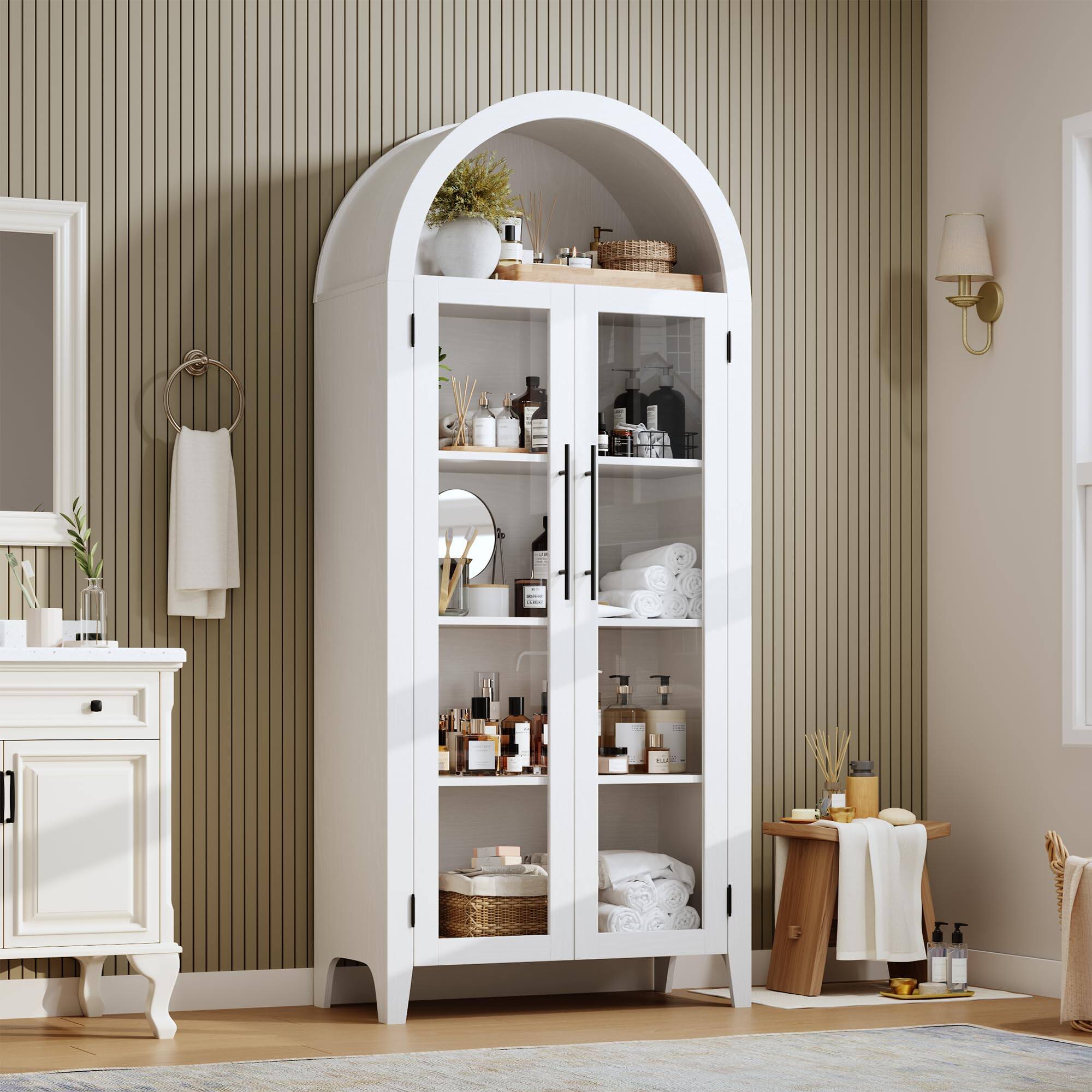 Left. Qeetex - Arched Kitchen Pantry Cabinet with Glass Doors, 5-Tier Storage Cupboard with Adjustable Shelf for Home - White.