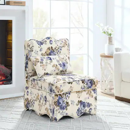 Front. Trinkets Crazed - Flannel Upholstered Accent Chair-Retro Single Sofa Chair with Floral Pattern, Armless Lounge Chair with Pillow - Blue.