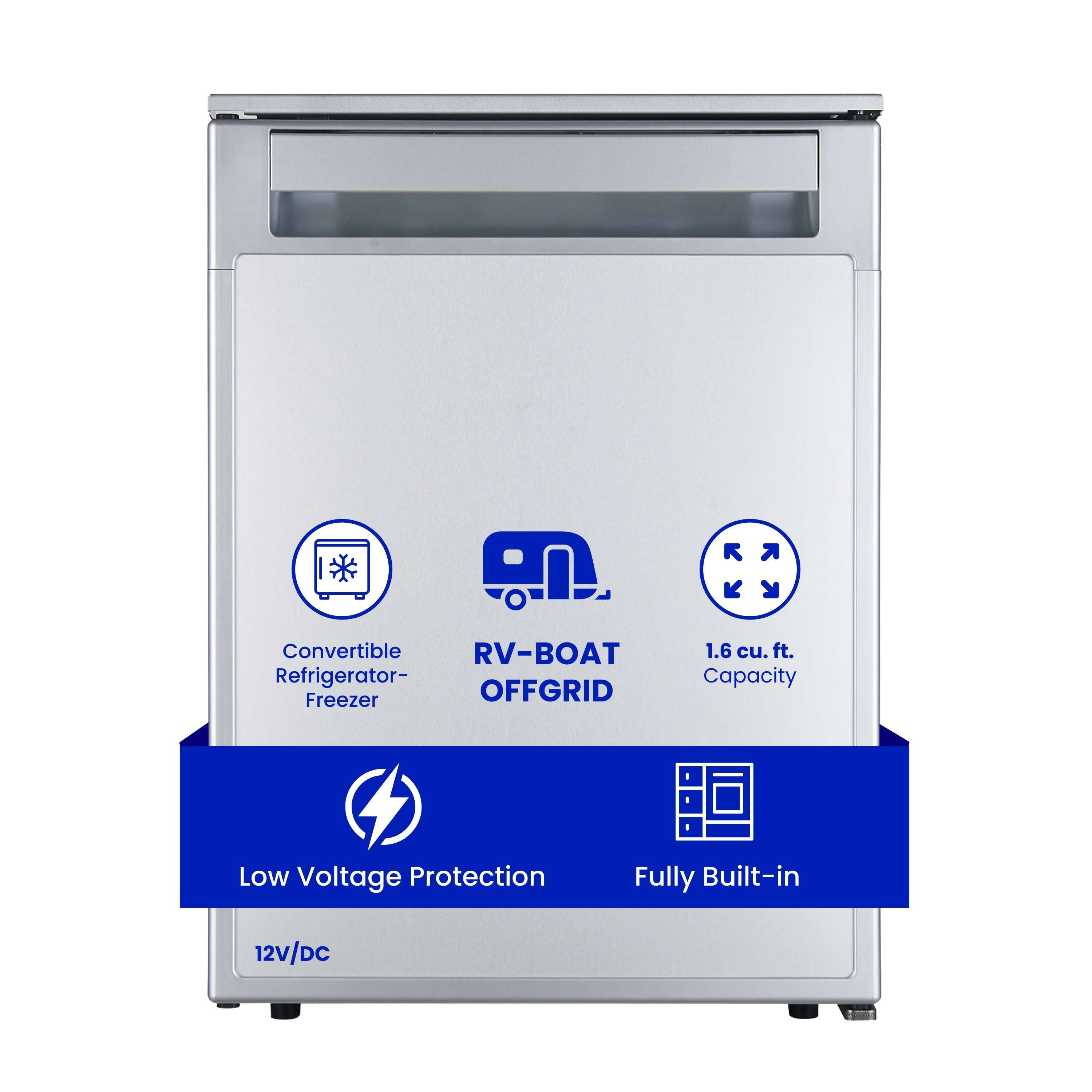 Convertible RV-BOAT Refrigerator- Freezer OFFGRID
1.6 cu. ft. Capacity
Low Voltage Protection
Fully Built-in
12V/DC
