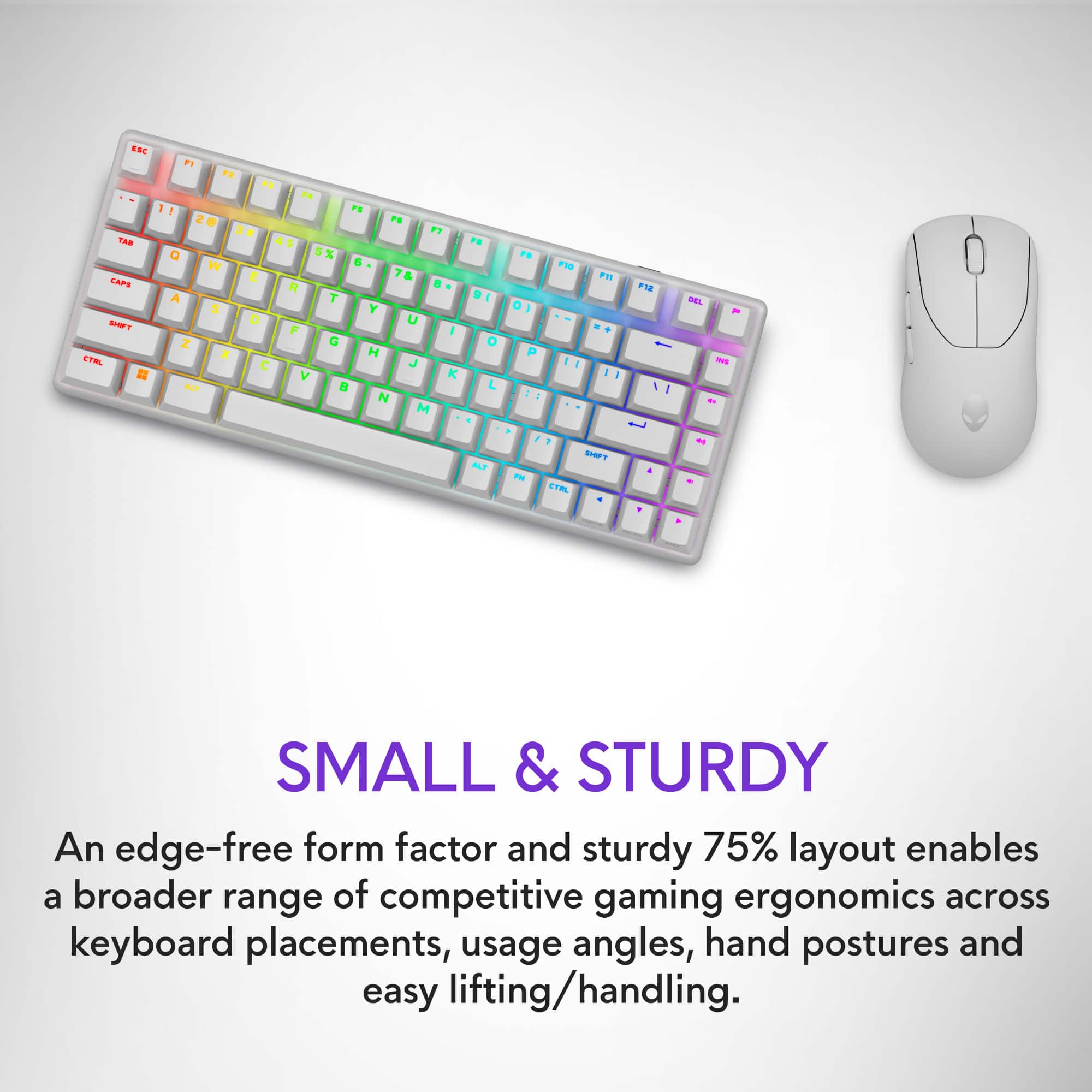Small & Sturdy: An edge-free form factor and sturdy 75% layout enables a broader range of competitive gaming ergonomics across keyboard placements, usage angles, hand postures and easy lifting/handling.