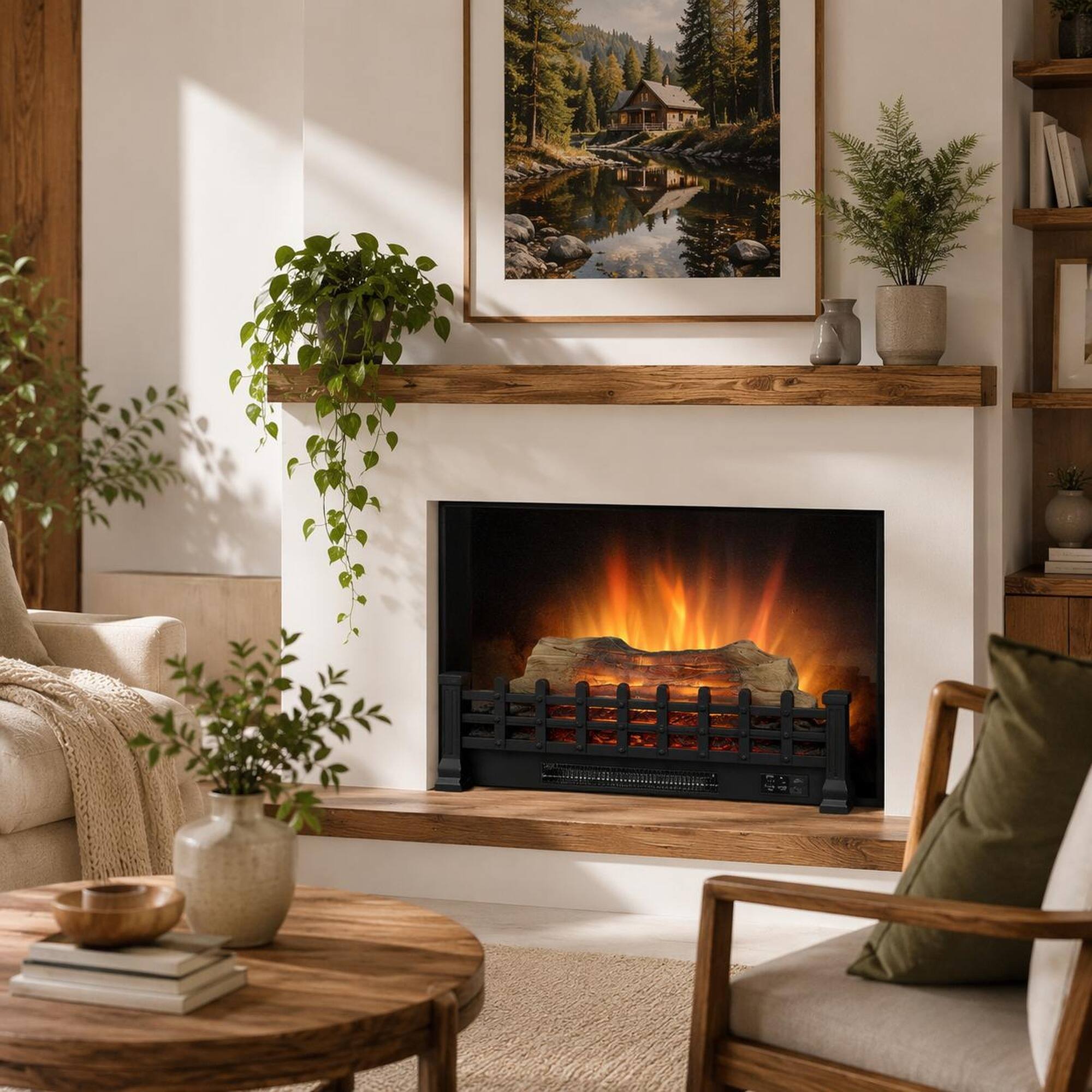 Left. RYHNUYNE - 20 Inch Electric Fireplace 3D Log Set Insert – Freestanding Heater with Remote Control for Indoor Use - Antique Black.