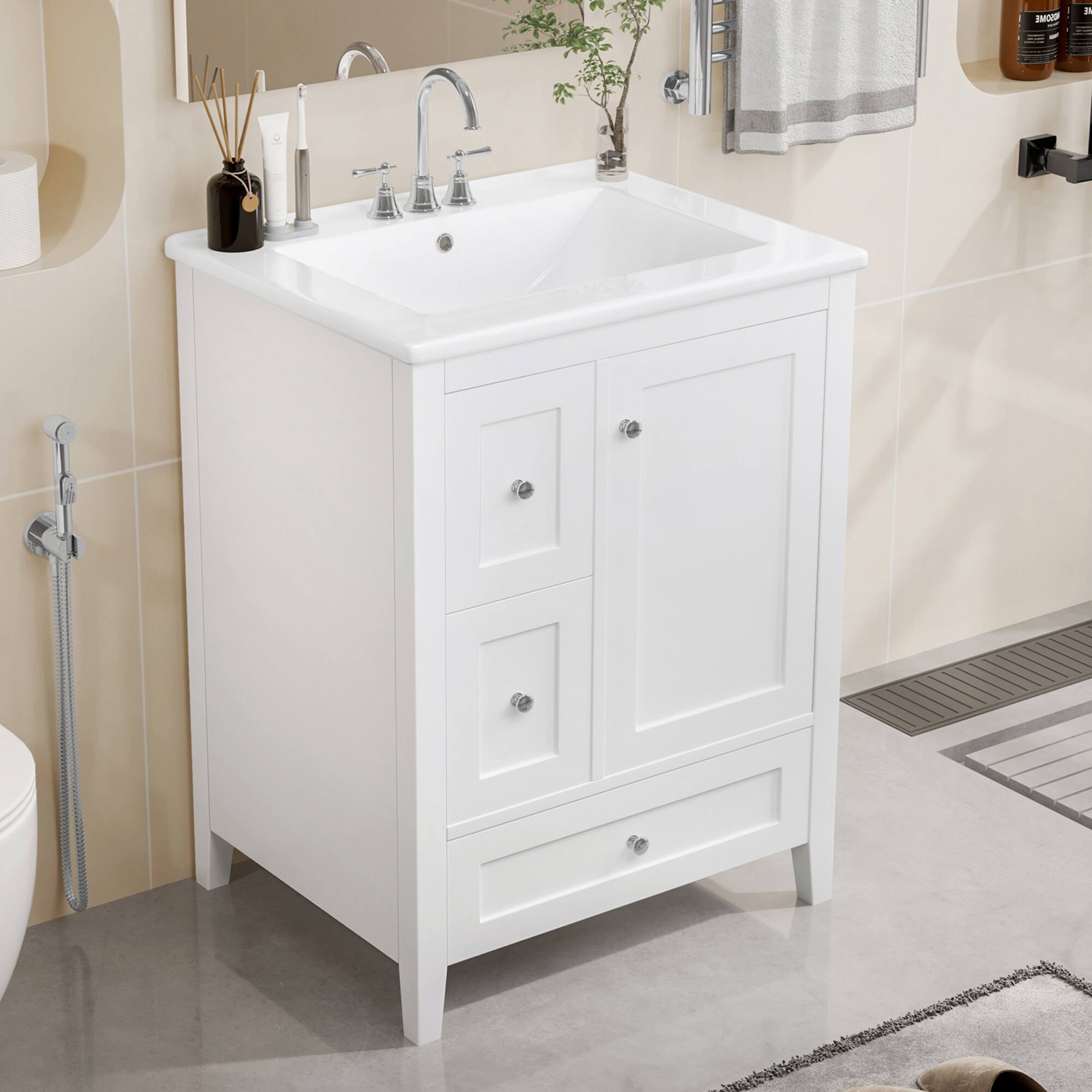 Front. Whisen - 24" Freestanding Bathroom Vanity with Sink, Adjustable Shelf & Removable Dividers for Storage - White.