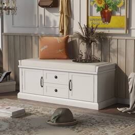 Ropilly - Entryway Storage Bench with Drawers and Removable Cushion Wooden Shoe Bench for Mudroom Living Room - White