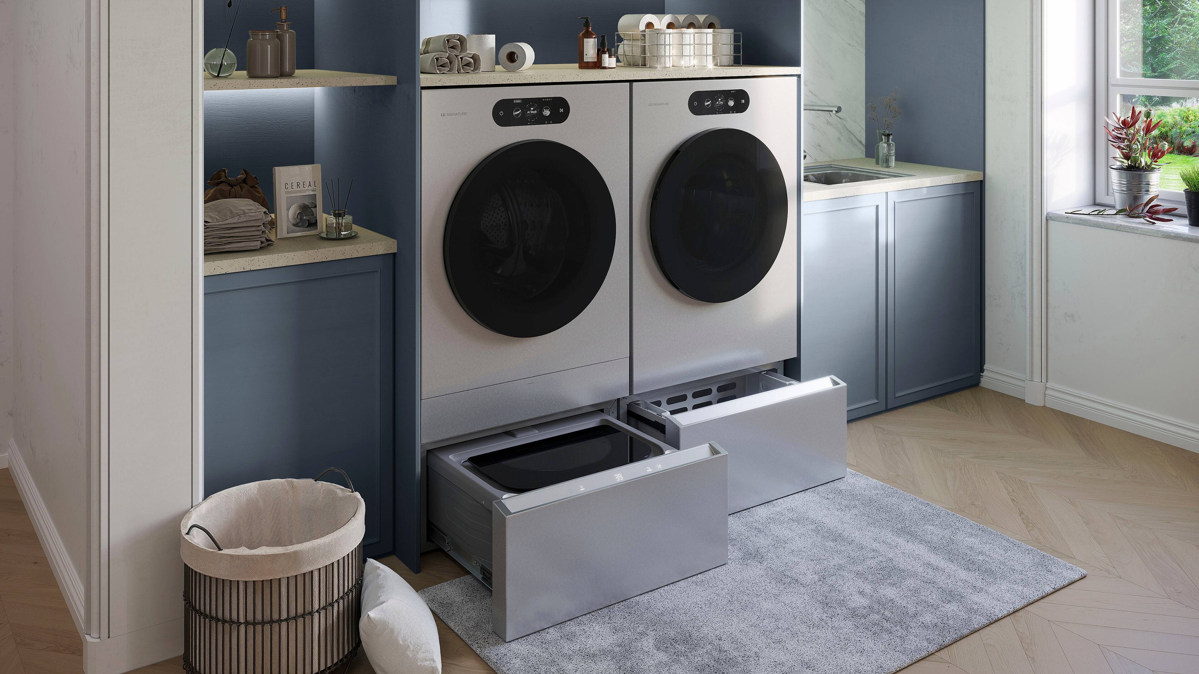 Alt View 18. LG - SIGNATURE 5.8 Cu. Ft. High-Efficiency Stackable Smart Front Load Washer with Steam and ezDispense - Brushed Platinum Steel.