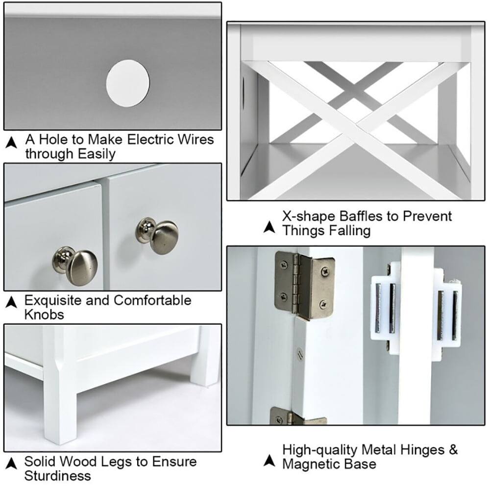 - A Hole to Make Electric Wires through Easily
- X-shape Baffles to Prevent Things Falling
- Exquisite and Comfortable Knobs
- Solid Wood Legs to Ensure Sturdiness
- High-quality Metal Hinges & Magnetic Base