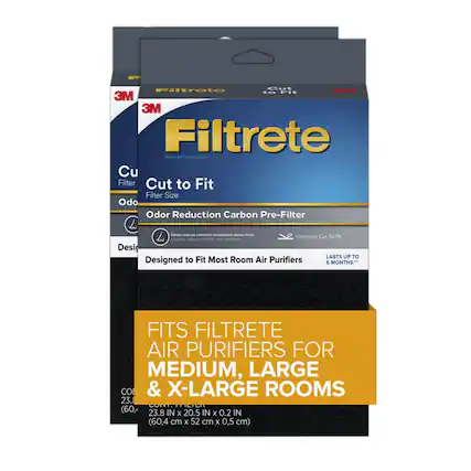 Cul Filtrete 1a Pi 3M 3M Filtrete Woom A Purtter Fiftter Cu Filter Cut to Fit Filter Size Odo Odor Reduction Carbon Pre-Filter Helps reduce common household stars from cooking, tobacco smoke, pets and more. Designed to Fit Most Room Air Purifiers. LASTS UP TO 6 MONTHS. FITS FILTRETE AIR PURIFIERS FOR MEDIUM, LARGE & X-LARGE ROOMS. 23.8 IN x 20.5 IN x 0.2 IN (60.4 cm x 52 cm x 0.5 cm)