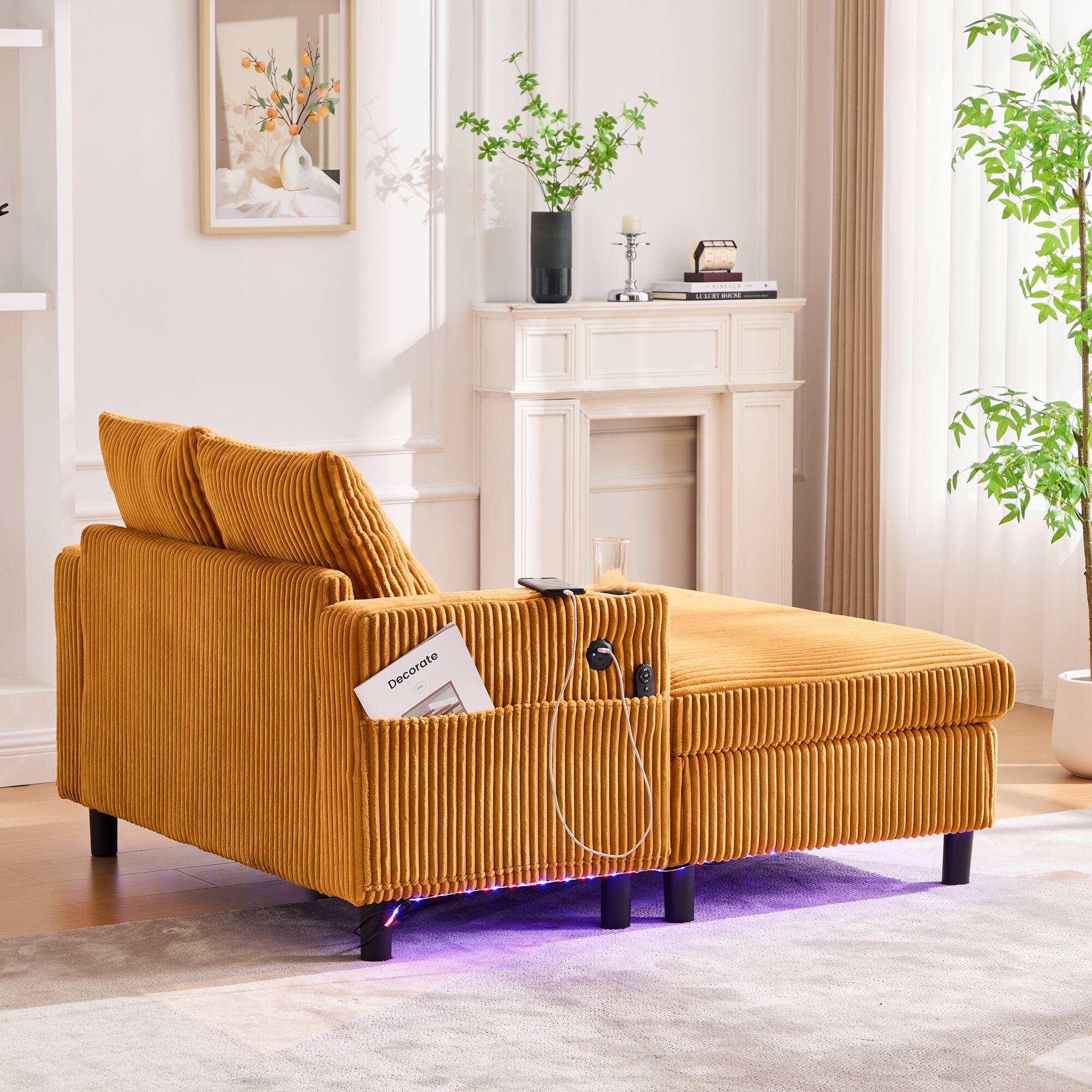 Alt View 2. Trinkets Crazed - Modern Corduroy Oversized Recliner Sofa with Deep Seat, USB Charging,RGB LED Light Strip - Mustard Yellow.