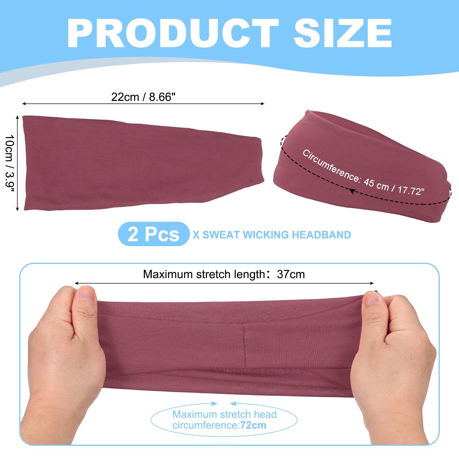 PRODUCT SIZE

22cm / 8.66"  
10cm / 3.9"  
Circumference: 45 cm / 17.72"  

2 Pcs X SWEAT WICKING HEADBAND  

Maximum stretch length: 37cm  
Maximum stretch head circumference: 72cm