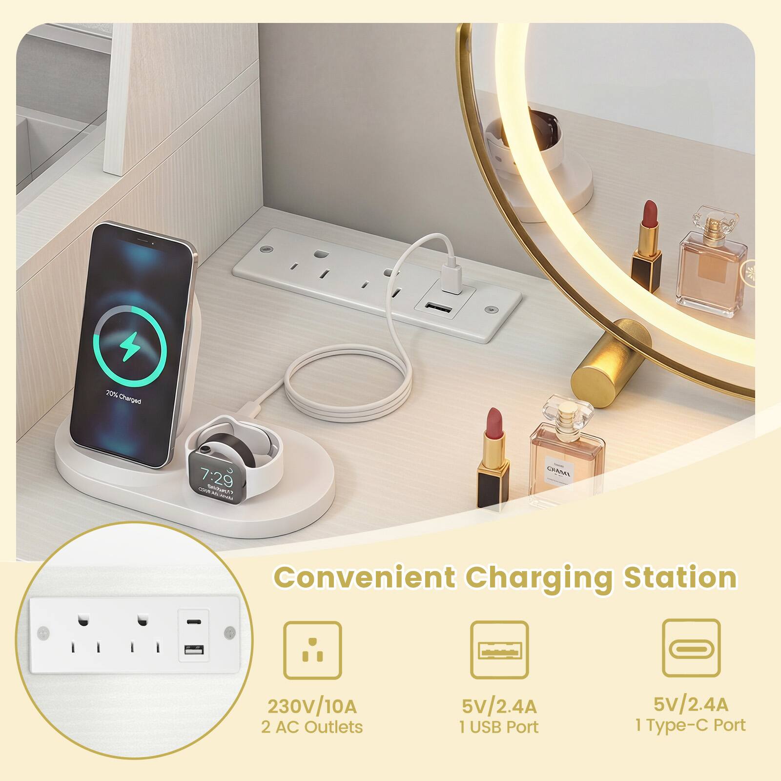 20% Charged  
7:29 GWA M JUCHOX  
CHAMI  
Convenient Charging Station  
230V/10A 2 AC Outlets  
5V/2.4A 1 USB Port  
5V/2.4A 1 Type-C Port