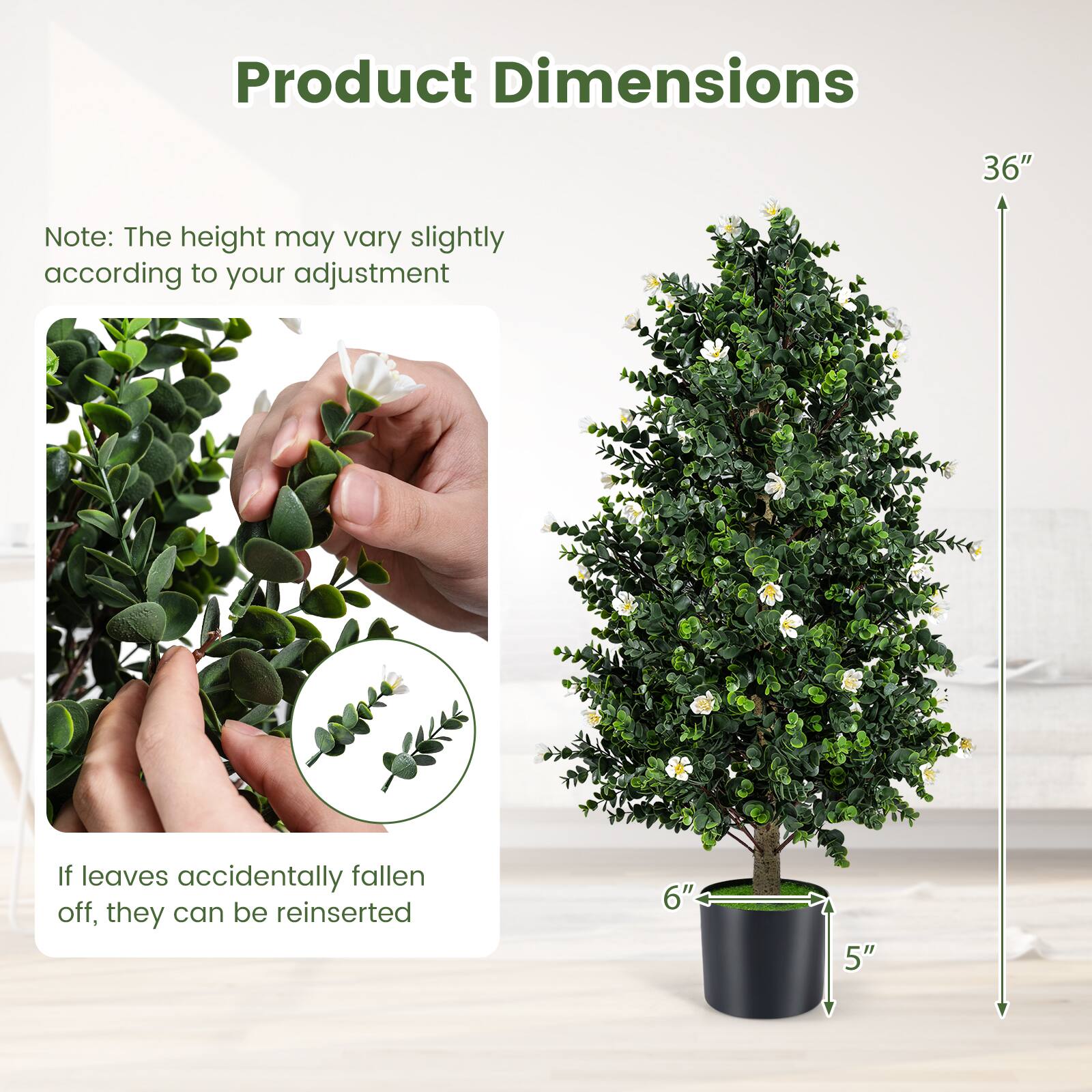Product Dimensions

Note: The height may vary slightly according to your adjustment

If leaves accidentally fallen off, they can be reinserted

36" (height)
6" (diameter)
5" (pot height)