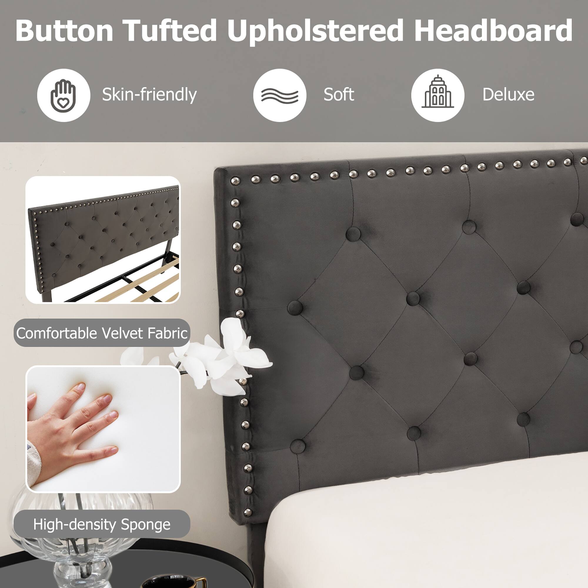 Button Tufted Upholstered Headboard, Skin-friendly, Soft, Deluxe, Comfortable Velvet Fabric, High-density Sponge