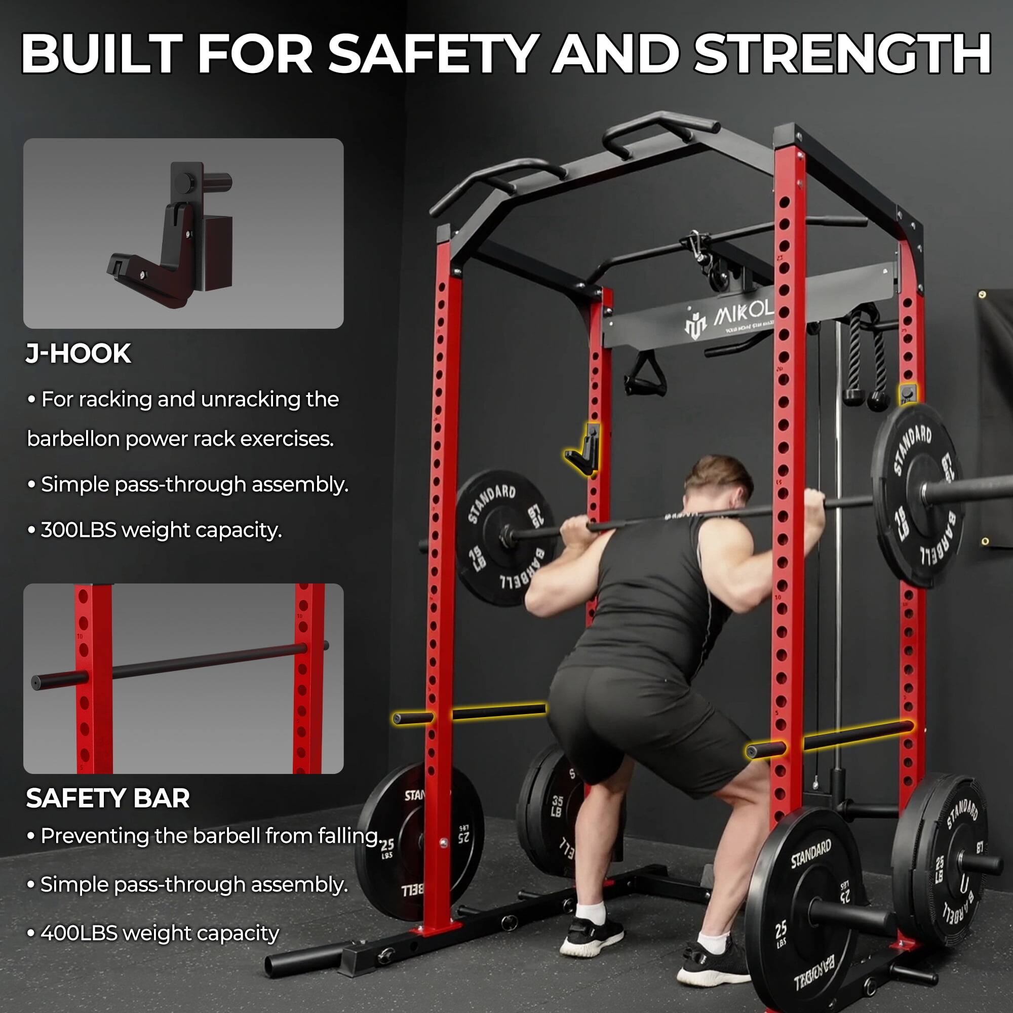 BUILT FOR SAFETY AND STRENGTH

J-HOOK
- For racking and unracking the barbell on power rack exercises.
- Simple pass-through assembly.
- 300LBS weight capacity.

SAFETY BAR
- Preventing the barbell from falling.
- Simple pass-through assembly.
- 400LBS weight capacity.