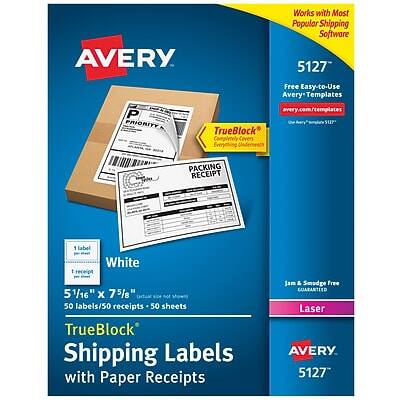 Avery - TrueBlock Laser Shipping Labels with Paper Receipts, 5-1/16" x 7-5/8", 50 Labels/Box - White
