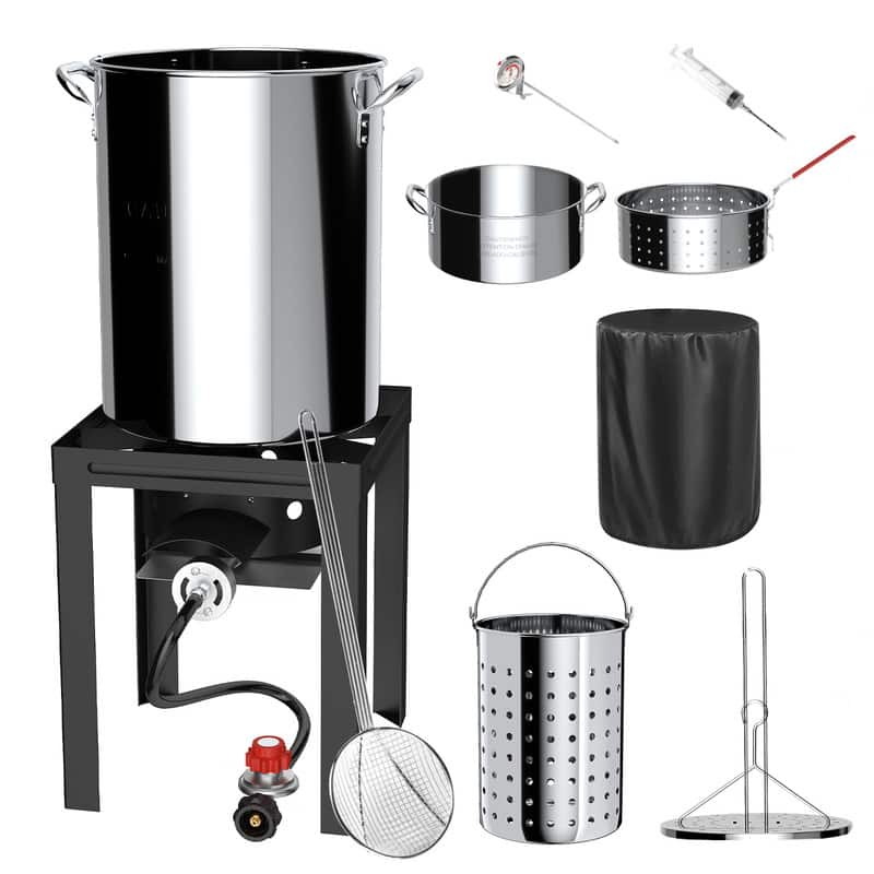 FODINGHILL - 30QT Stainless Steel Turkey Fryer & Seafood Boil Pot with Basket, Skimmer & Cover for Backyard Cooking - Silver